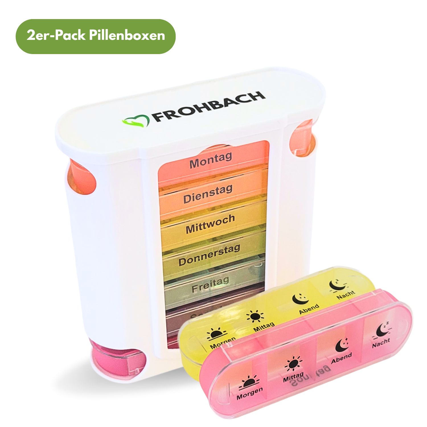 Weiße Frohbach Pillenbox mit 7 Fächern, beschriftet mit Wochentagen. Zwei kleine Boxen in Gelb und Pink.