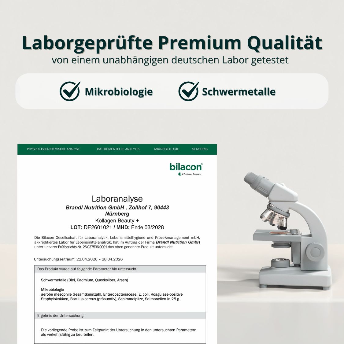 Laboranalyse-Dokument mit Mikroskop. Text: Laborgeprüfte Premium Qualität. Mikrobiologie und Schwermetalle geprüft.