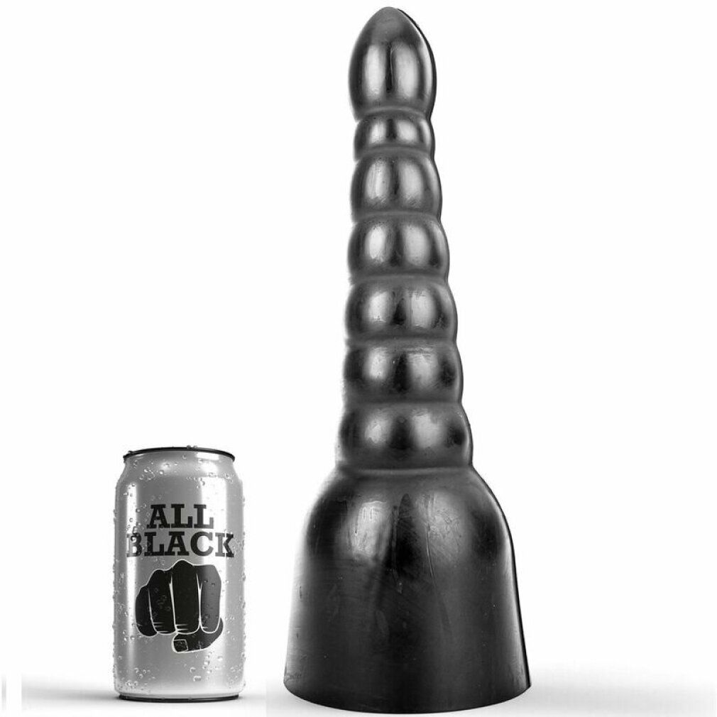 Schwarzer Dildo mit geriffelter Oberfläche. Neben einer Dose mit dem Schriftzug "ALL BLACK" und einem Faust-Symbol.