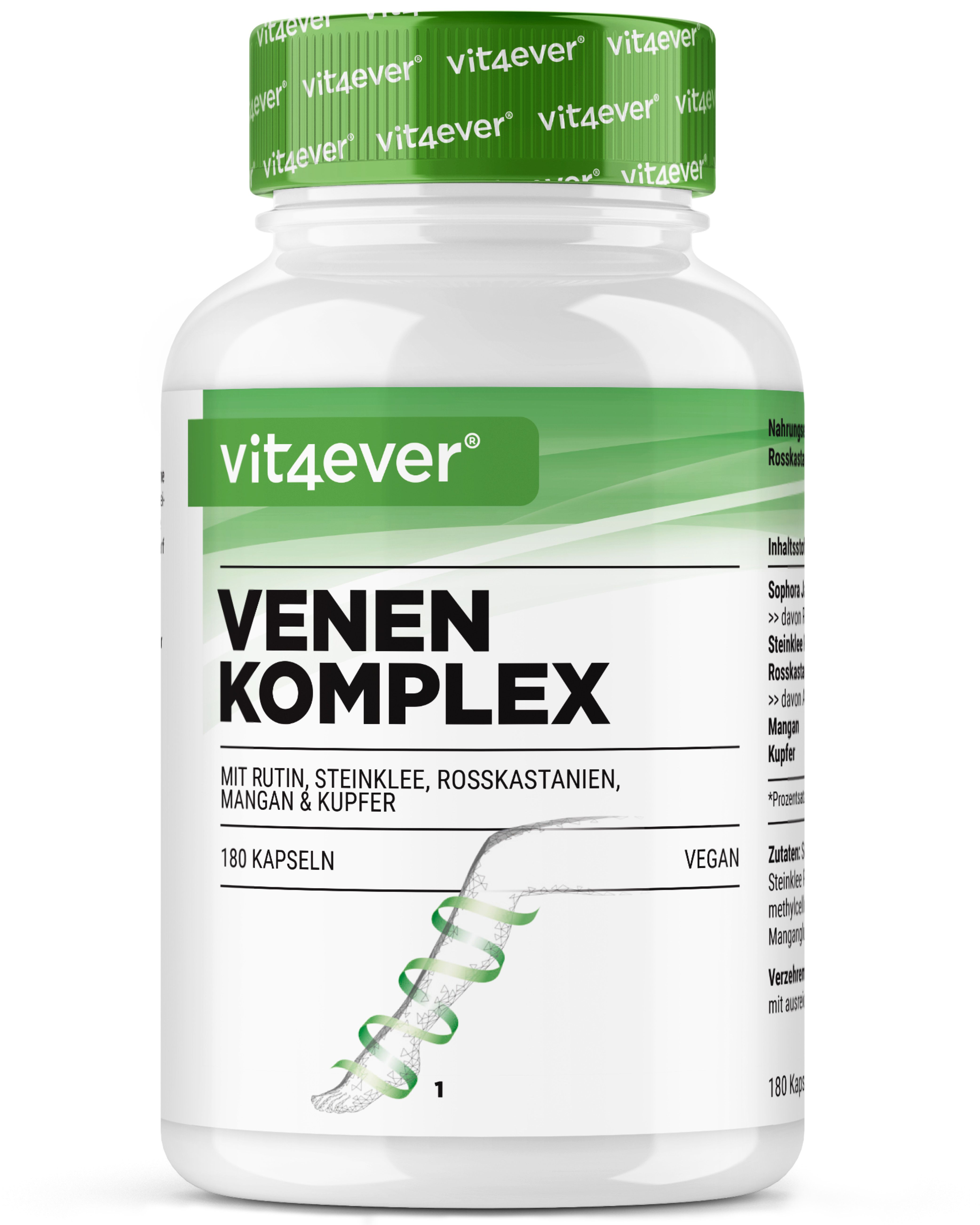Weißes Pillenbehälter mit grünem Deckel. Aufschrift: Venen Komplex. 180 Kapseln. Vegan.