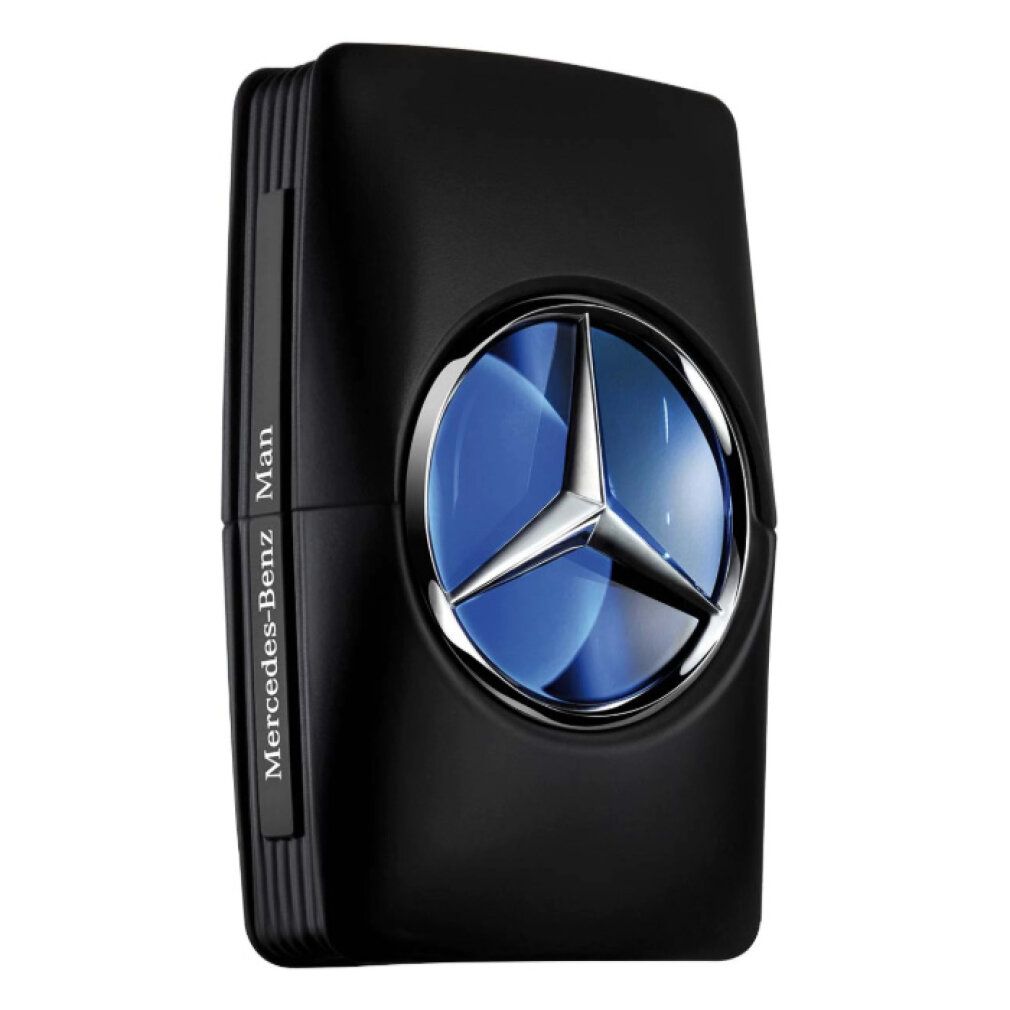 Schwarzer Flakon mit blauem Mercedes-Benz-Logo. Text: Mercedes-Benz Man. Silberner Rand um das Logo.