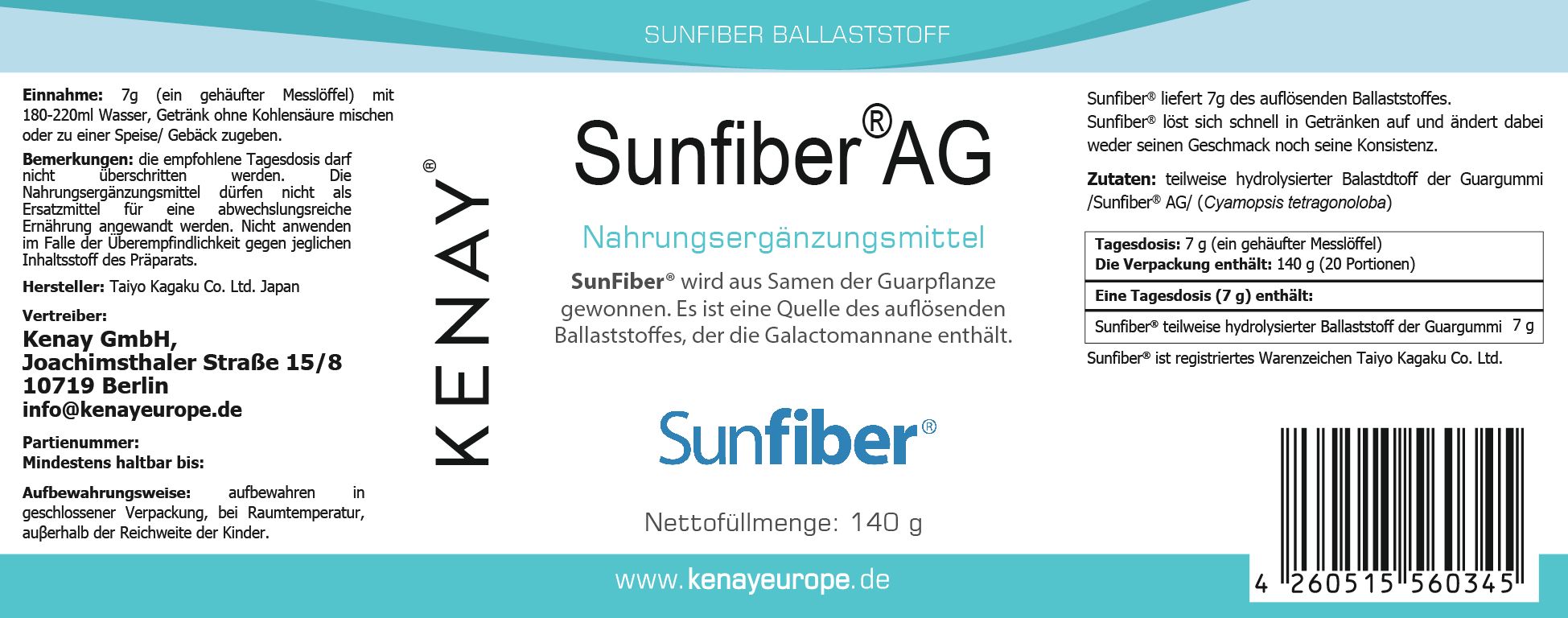 Etikett mit Text: Sunfiber® AG, Nahrungsergänzungsmittel, KENAY®. Nettogewicht: 140 g. Enthält Informationen über Inhaltsstoffe und Dosierung.