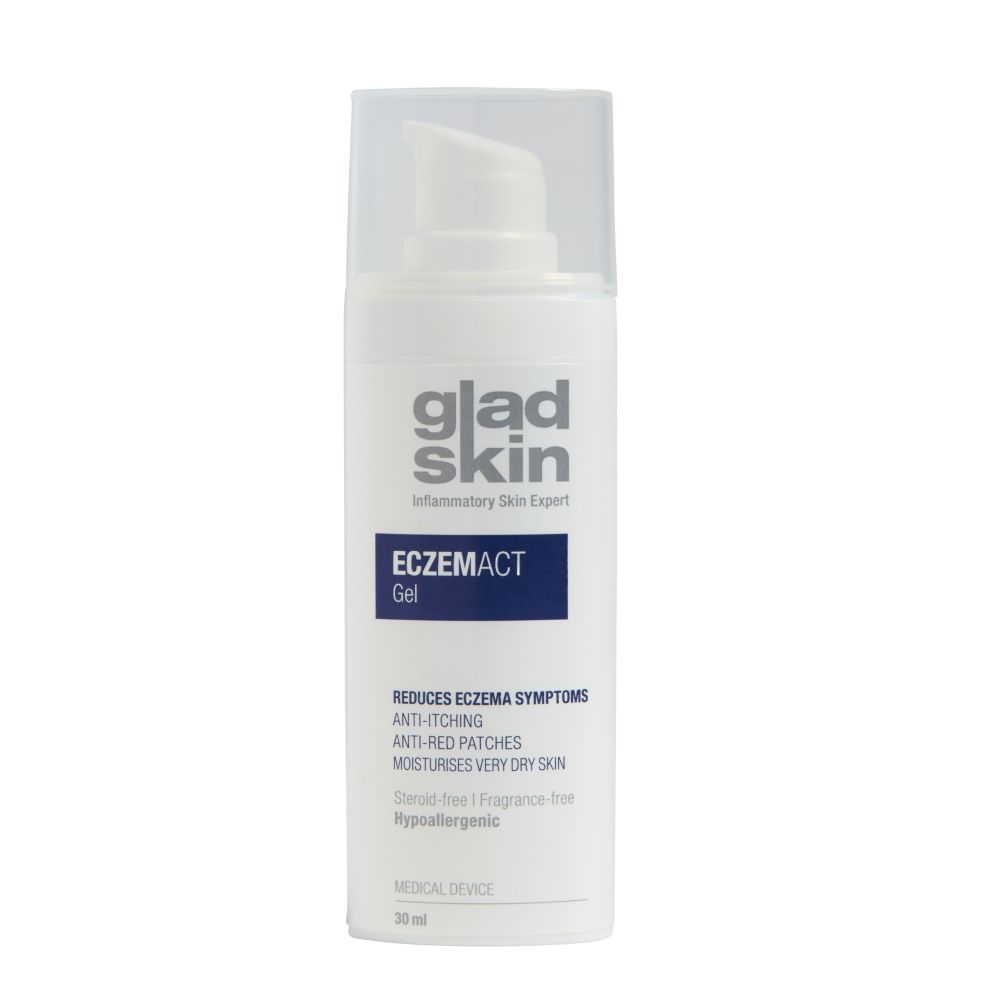 Weiße Flasche mit Pumpverschluss. Aufschrift: Gladskin Eczemact Gel. Reduziert Ekzemsymptome, wirkt gegen Rötungen, befeuchtet die Haut.