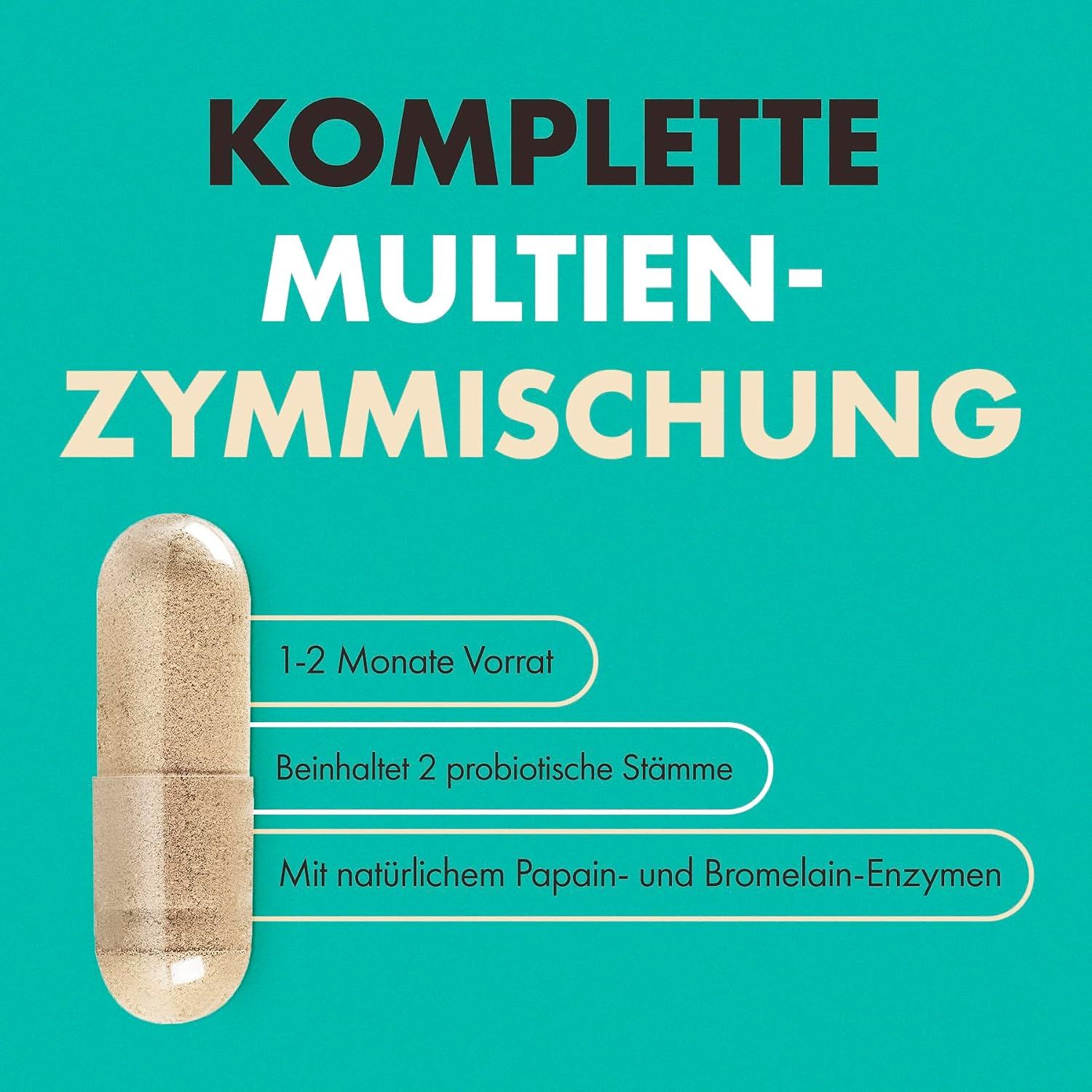 Eine Kapsel mit beigem Pulver, daneben Text über 1-2 Monate Vorrat, 2 probiotische Stämme und natürliche Enzyme.