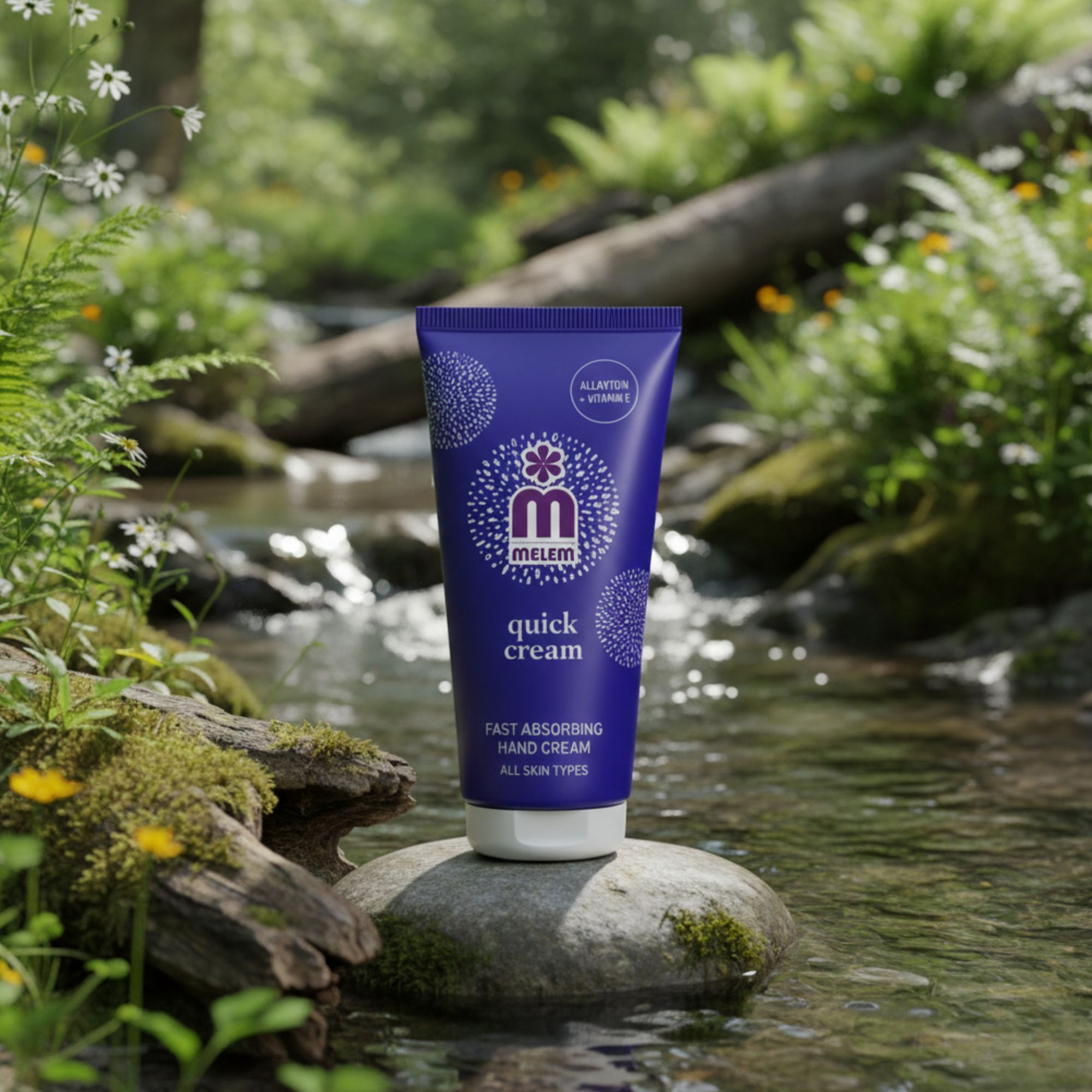 Blaue Tube "melem quick cream" auf Stein im Bach. Text: "Fast absorbing hand cream". Enthält Allantoin und Vitamin E. Natur-Hintergrund.