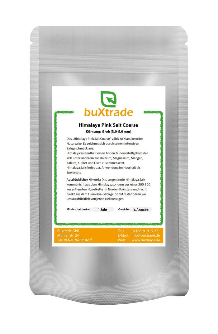 Beutel mit Etikett. Aufschrift: buXtrade Himalaya Pink Coarse. Grün umrandetes Etikett mit Text. Orangefarbener Streifen mit Kontaktinformationen.