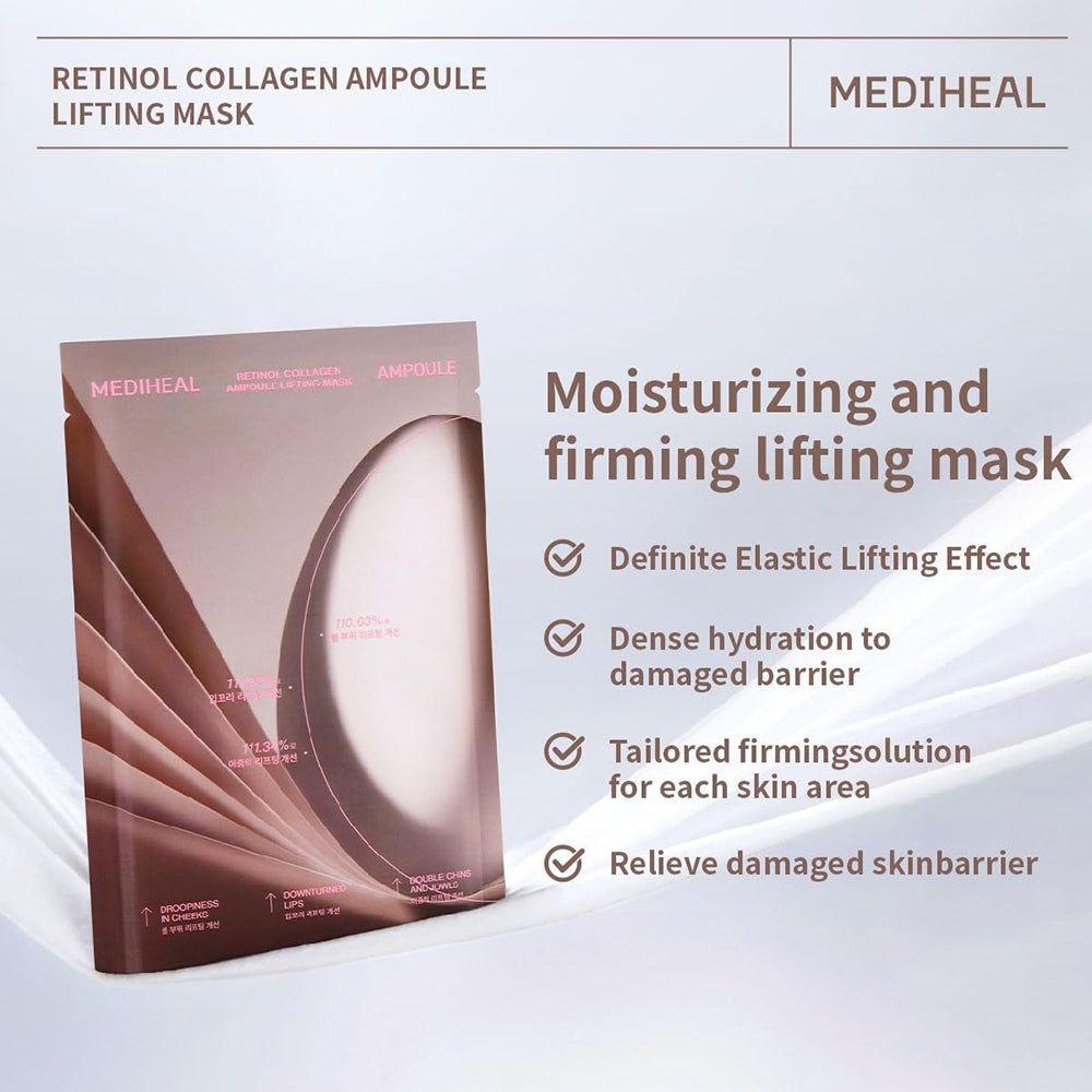 Verpackung mit Text: "Retinol Collagen Ampoule Lifting Mask". Marke MEDIHEAL. Text: "Moisturizing and firming lifting mask".