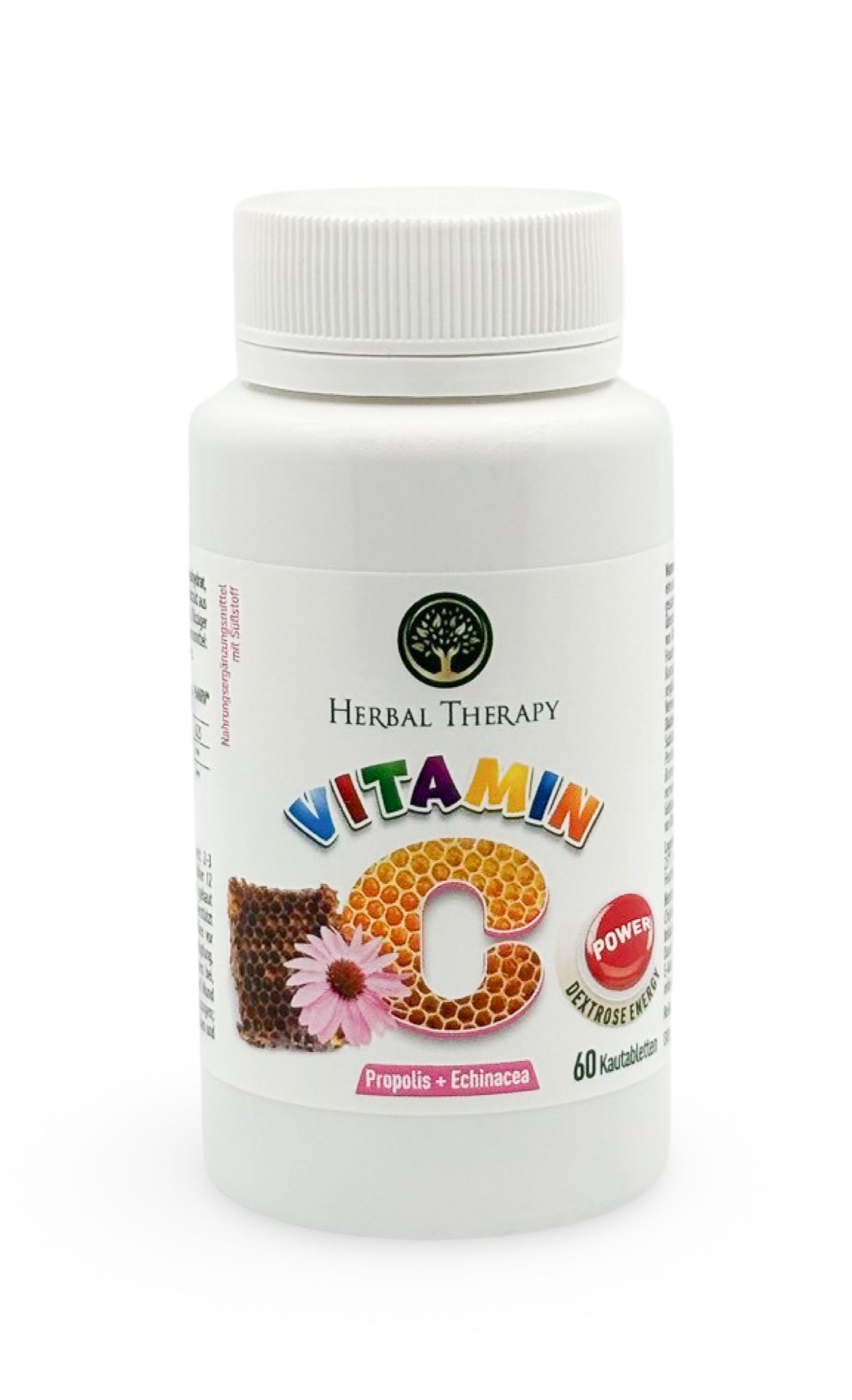 Weiße Flasche mit Herbal Therapy Vitamin C. Aufschrift Vitamin C, Propolis + Echinacea. 60 Kautabletten. Logo mit Baum.