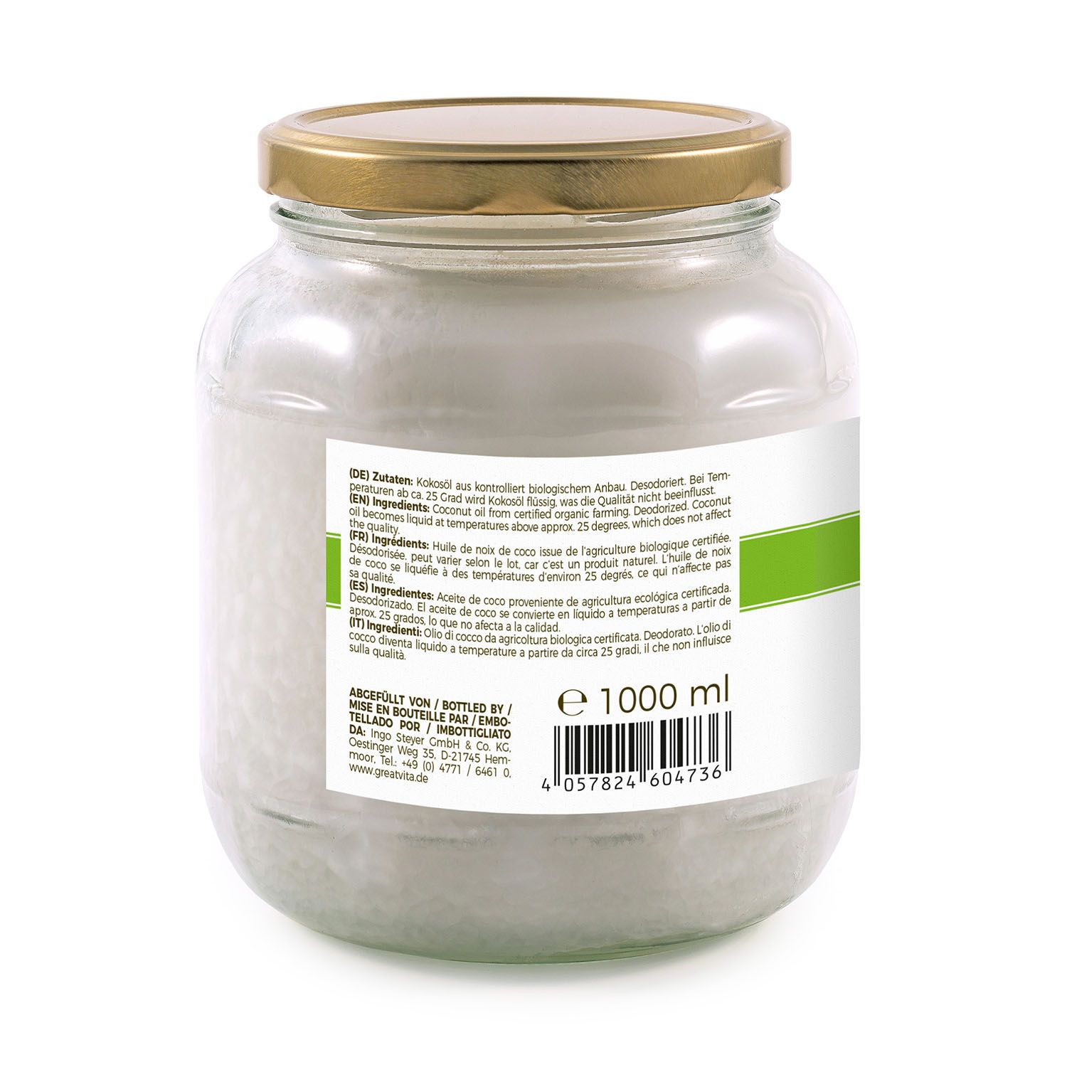 Glasbehälter mit Kokosöl. Etikett mit Inhaltsstoffen und Bio-Siegel. Goldfarbener Deckel. 1000 ml.