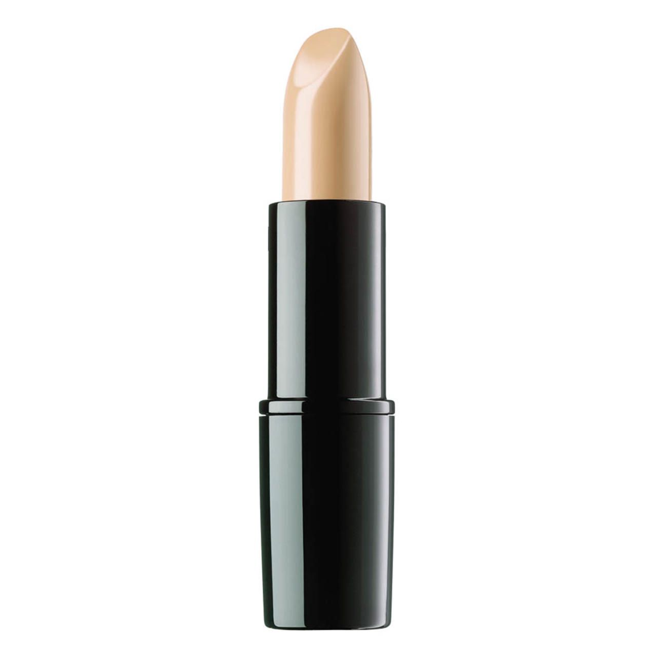 Artdeco Perfect Stick. Beige Produkt in schwarzer Hülse. Spitze Form. Auf weißem Hintergrund.