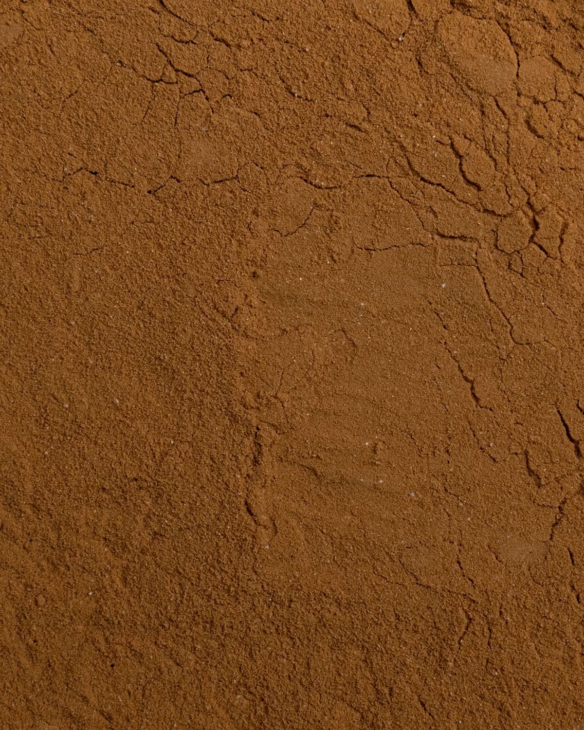 Nahaufnahme von braunem Guarana-Pulver. Die Textur ist körnig und leicht rissig.