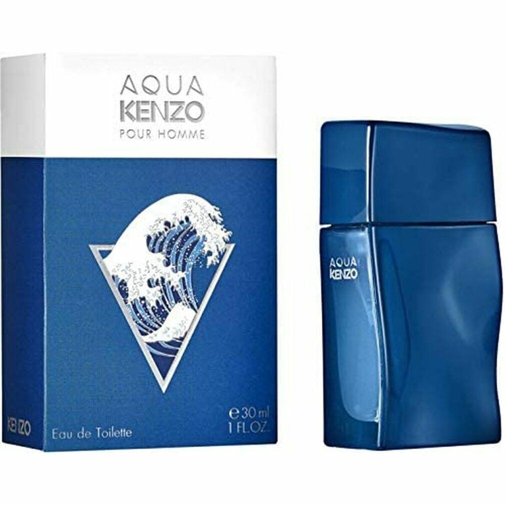 Aqua Kenzo pour Homme, Eau de Toilette und Verpackung. Blaue Flasche und Box. Wellenmotiv. 30 ml, 1 FL.OZ.