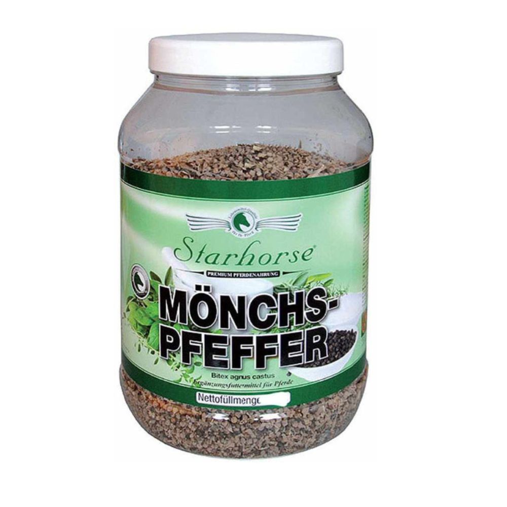 Transparente Dose mit braunen Pellets. Aufschrift 'Starhorse Mönchspfeffer'. Grünes Etikett mit Logo und Produktnamen.