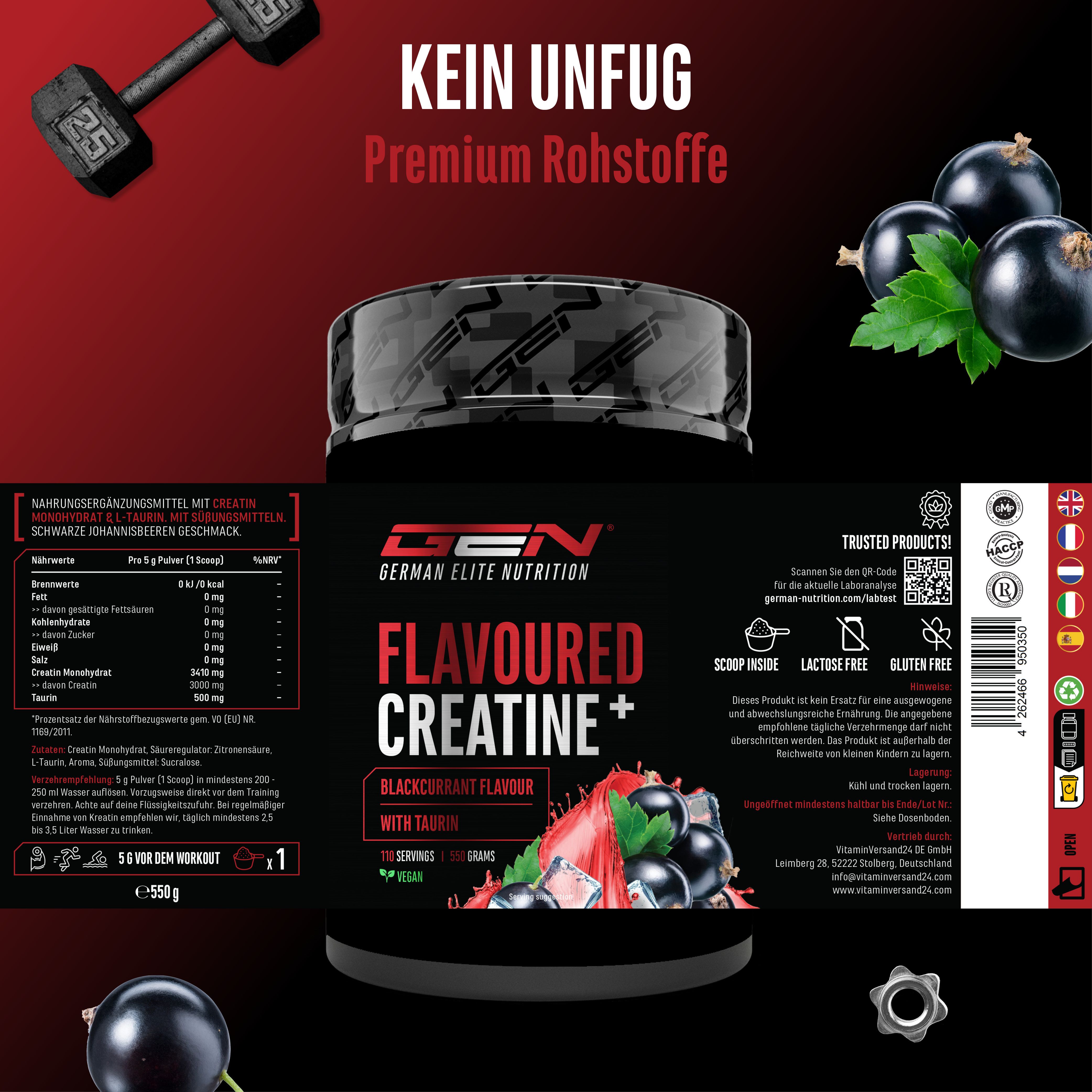 GEN Flavoured Creatine+ Dose, schwarze Johannisbeere. Nährwerttabelle, 550g. Scoop inside, laktosefrei, glutenfrei.