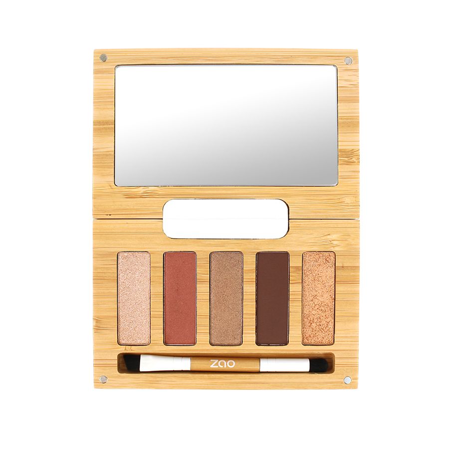 Make-up Palette mit Spiegel und 5 Lidschattenfarben. Holzrahmen. Pinsel mit Logo.