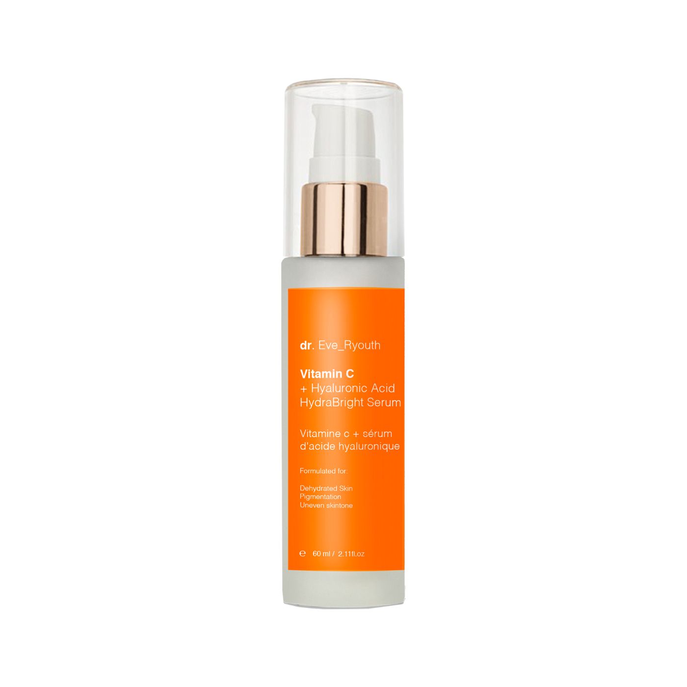 Dr. Eve Ryouth Vitamin C + Hyaluronsäure Hydrabright Serum Flakon auf weißem Hintergrund.