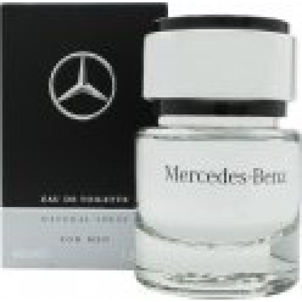 Parfümflasche und Schachtel. Flasche mit silbernem Deckel, Schriftzug Mercedes-Benz. Schachtel schwarz mit Logo und Text: Eau de Toilette, Natural Spray, For Men.