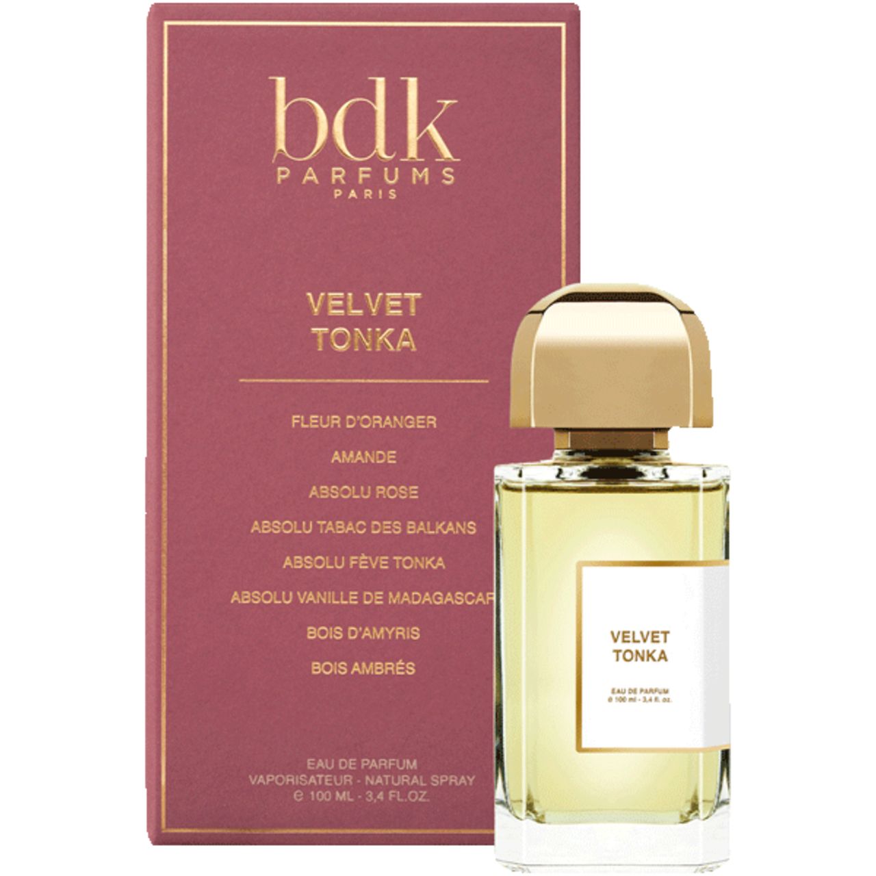 Parfümflakon neben Verpackung. Flakon: Velvet Tonka, Eau de Parfum. Verpackung: BDK Parfums, Velvet Tonka, Inhaltsstoffe. Rosa-goldene Farbkombination.