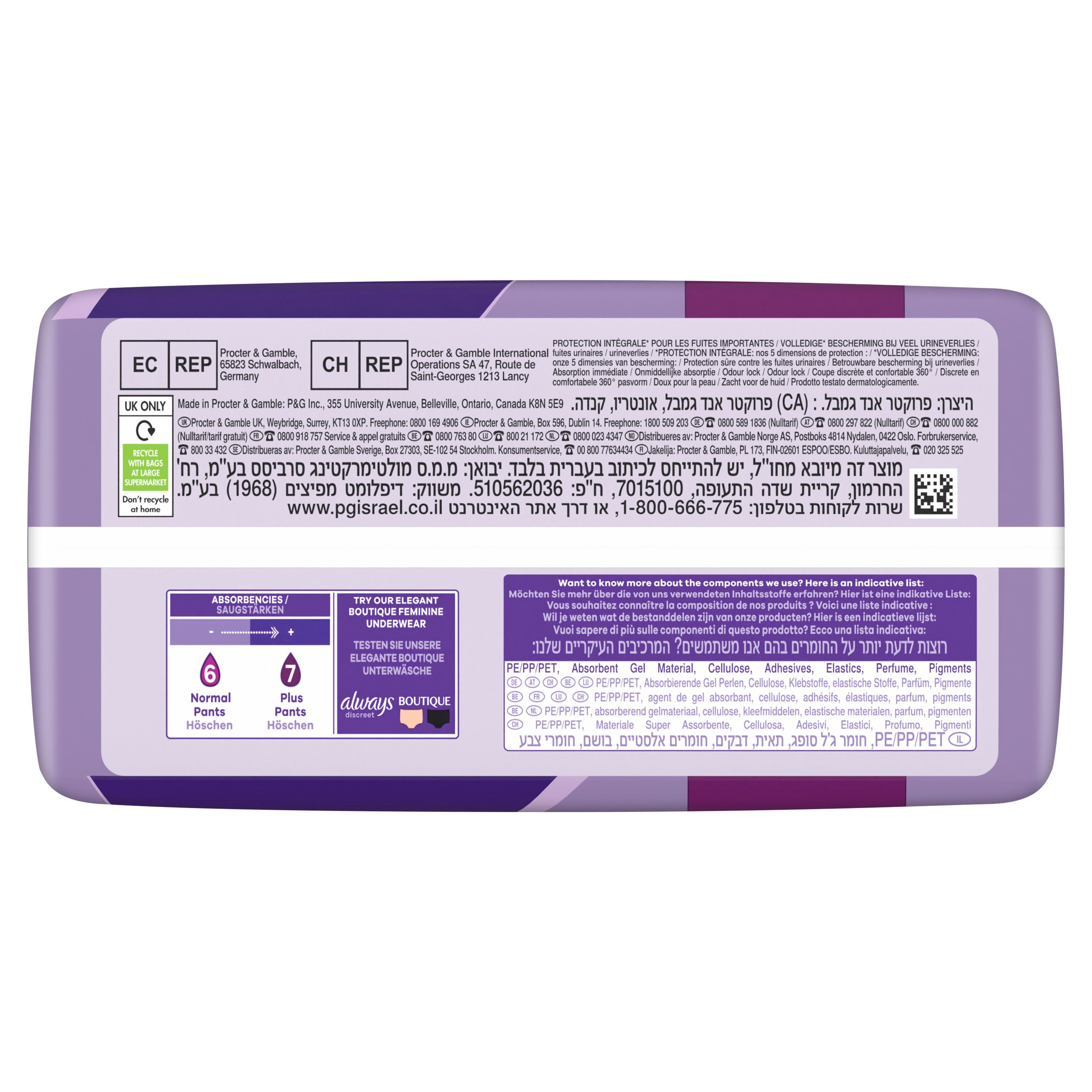 Rückseite der Always Discreet Normal Verpackung. Enthält Text in mehreren Sprachen, Inhaltsstoffe und Herstellerinformationen.