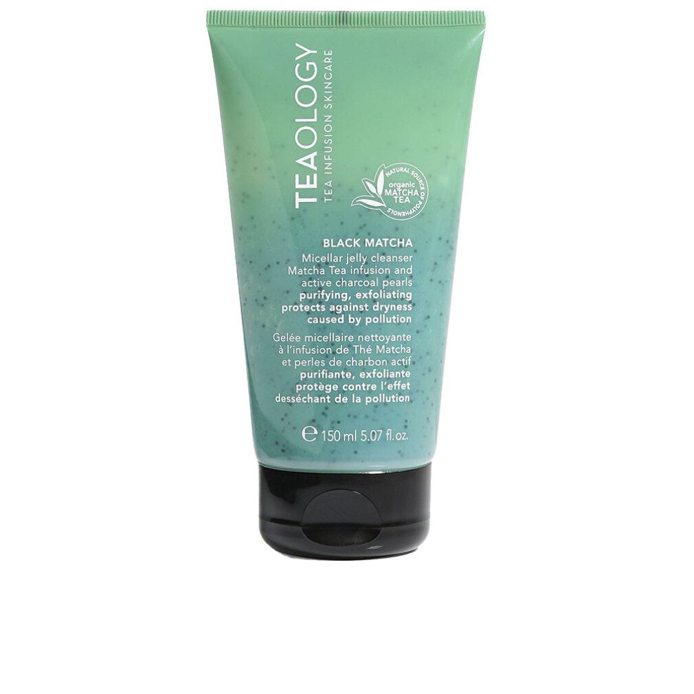 Grüne Tube mit schwarzem Verschluss. Aufschrift: Teaology, Black Matcha, Micellar Jelly Cleanser. Enthält Matcha-Tee und Aktivkohleperlen.