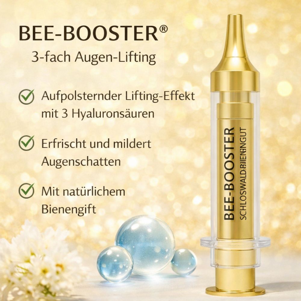 Goldfarbene Spritze mit Text BEE-BOOSTER® und Schloßwald-Bienengut®. Text: 3-fach Augen-Lifting, Vorteile.