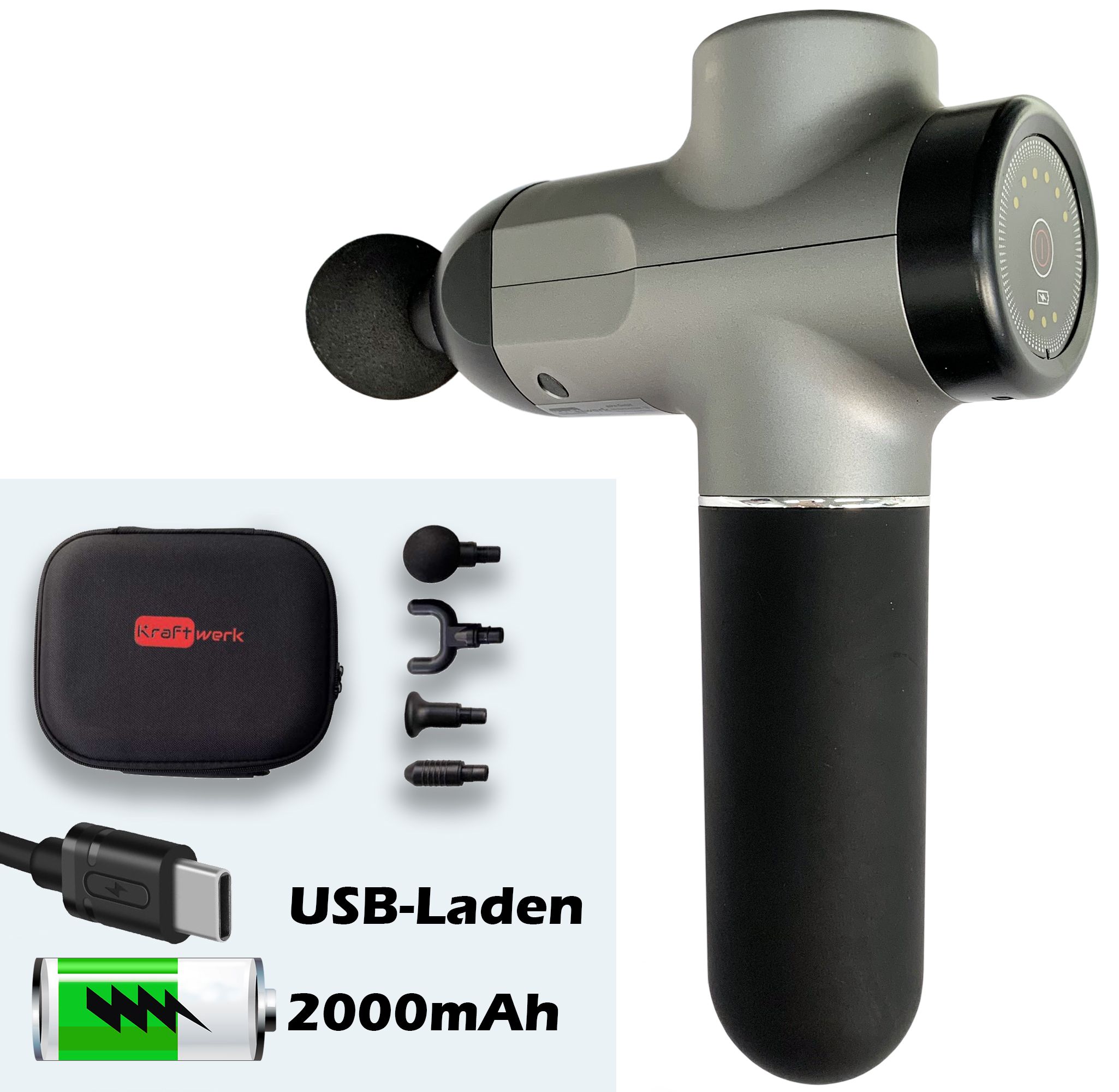 Massagepistole, silberfarben, mit Aufsätzen und Tasche. USB-Laden und 2000mAh Batterie. Text: Kraftwerk.