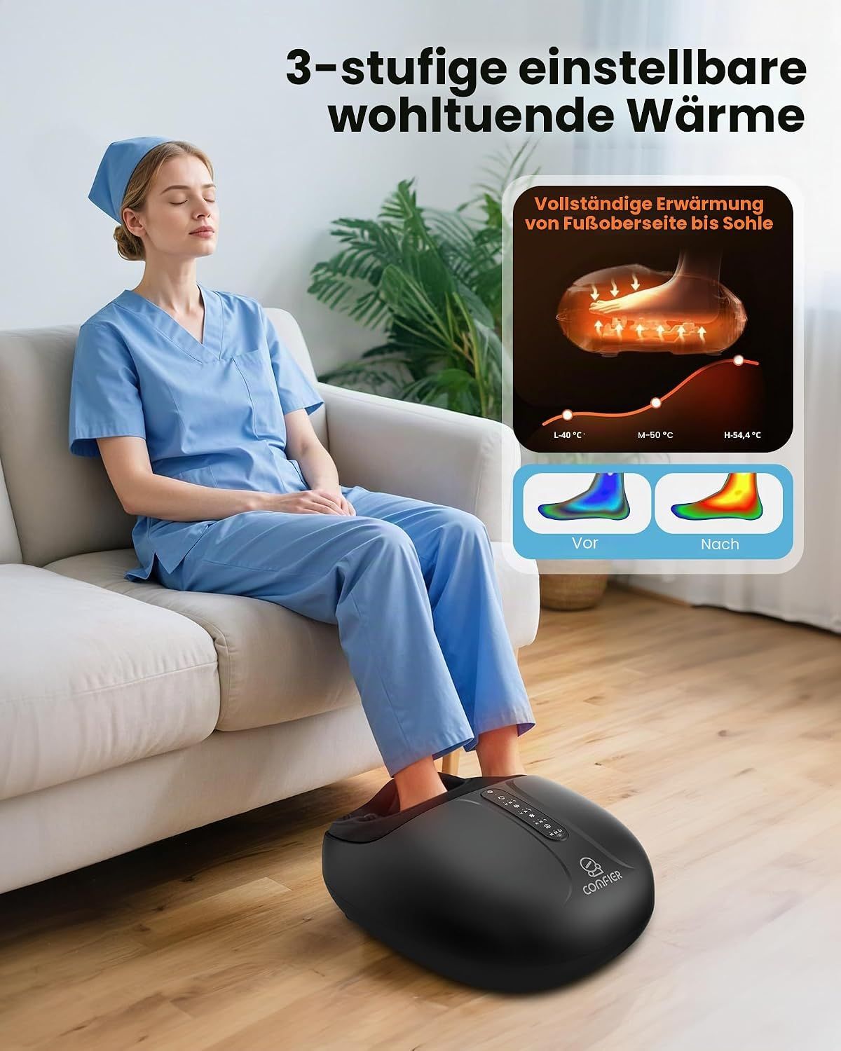 Frau mit geschlossenen Augen entspannt sich bei Fußmassage mit Wärmefunktion.