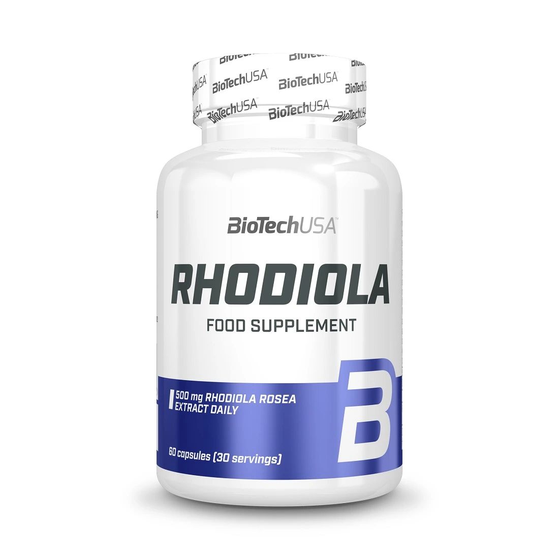Weißes Nahrungsergänzungsmittel-Behälter mit blauer Banderole. Aufschrift: Rhodiola, 500mg Rhodiola Rosea Extract Daily, 60 Kapseln.