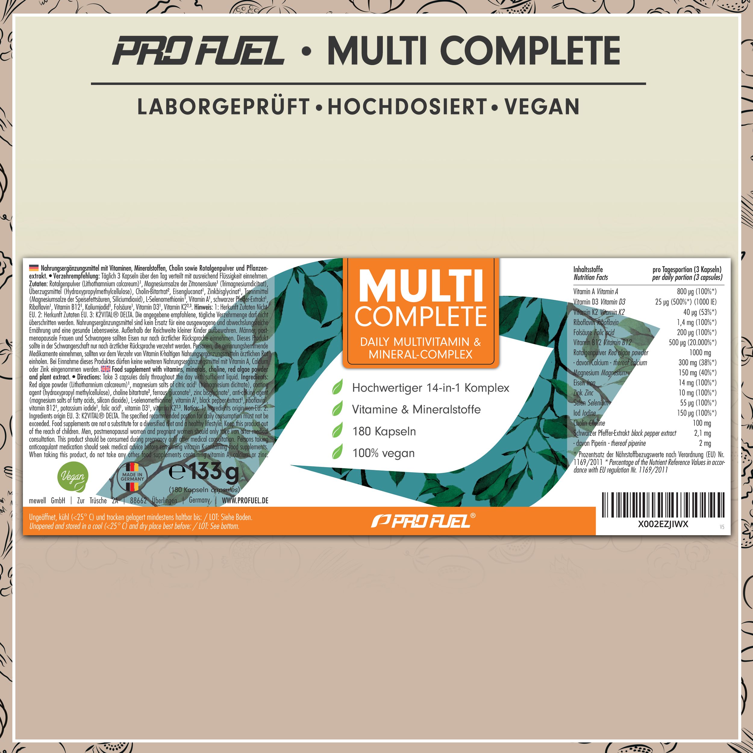 Verpackung von MULTI COMPLETE. Aufschrift: Daily Multivitamin & Mineral-Komplex, 180 Kapseln, 100% vegan. Nährwerttabelle.