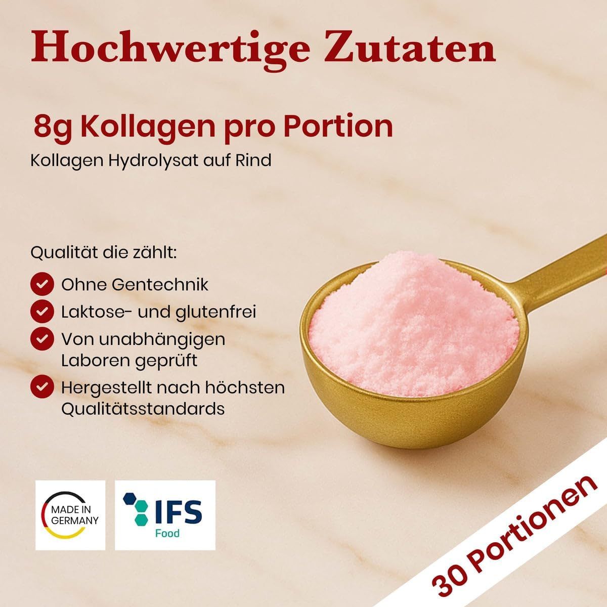Glow Beauty Drink Pulver auf einem Löffel. Hergestellt in Deutschland, Laktosefrei, Glutenfrei.