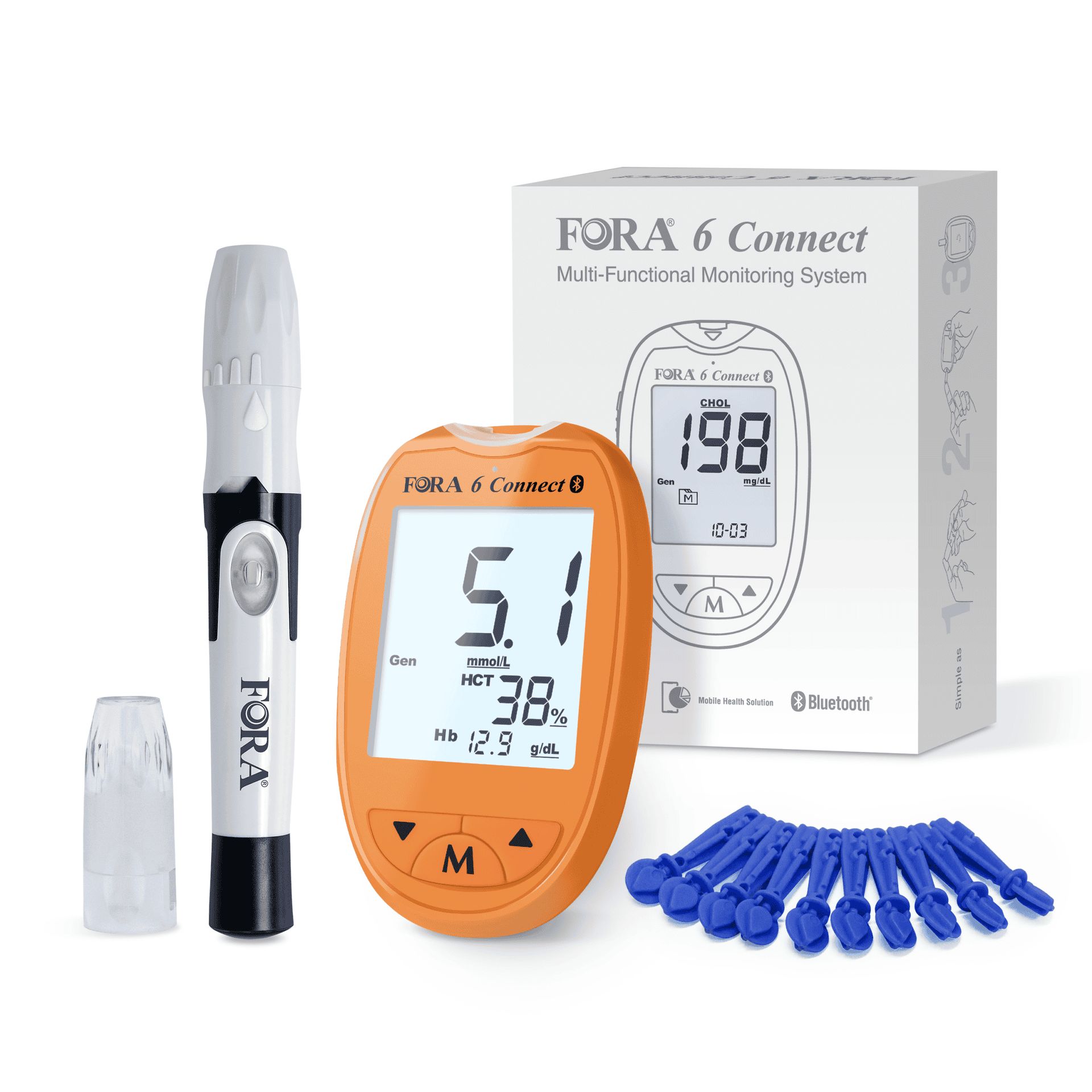 FORA 6 Connect Blutzuckermessgerät, orange, mit Stechhilfe und Lanzetten. Kartonverpackung mit Produktabbildung.