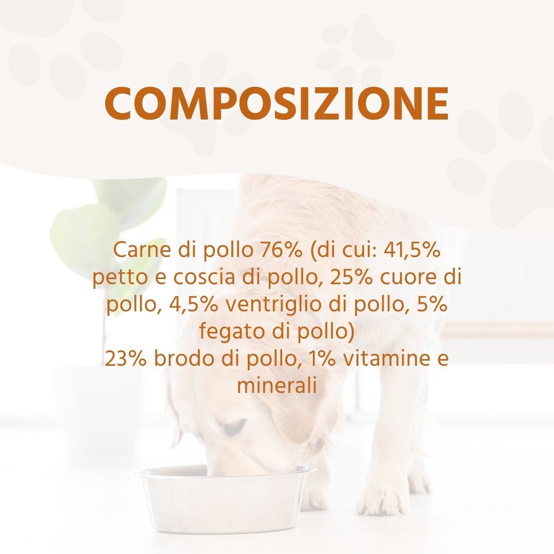 Grafik mit Informationen über die Zusammensetzung des Hundefutters. Ein Hund isst aus einer Schüssel.