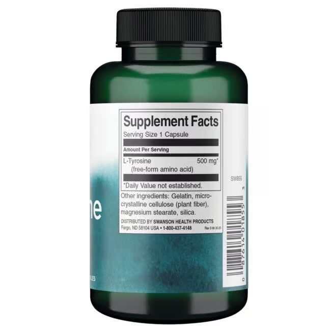 Rückseite der grünen Flasche. Weißes Etikett mit Nährwertangaben. Enthält L-Tyrosin, 500 mg.