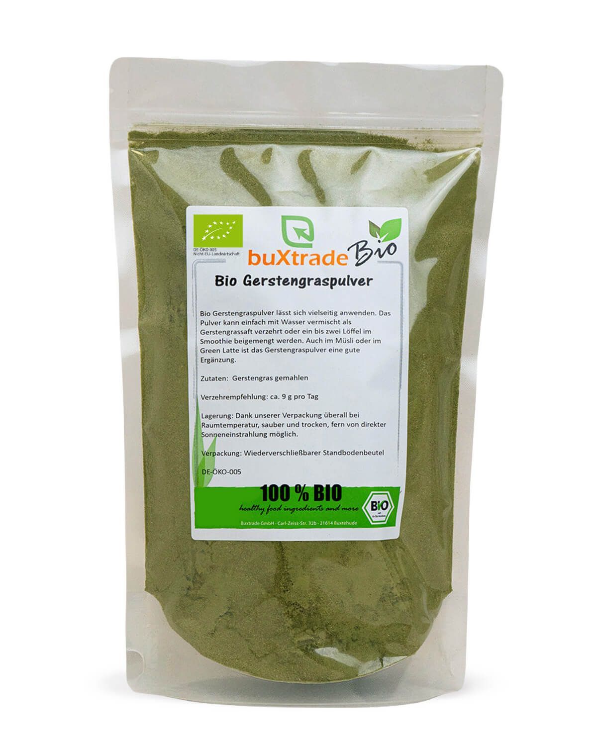 Verpackung von Bio Gerstengraspulver mit Bio-Siegel und Produktinformationen.