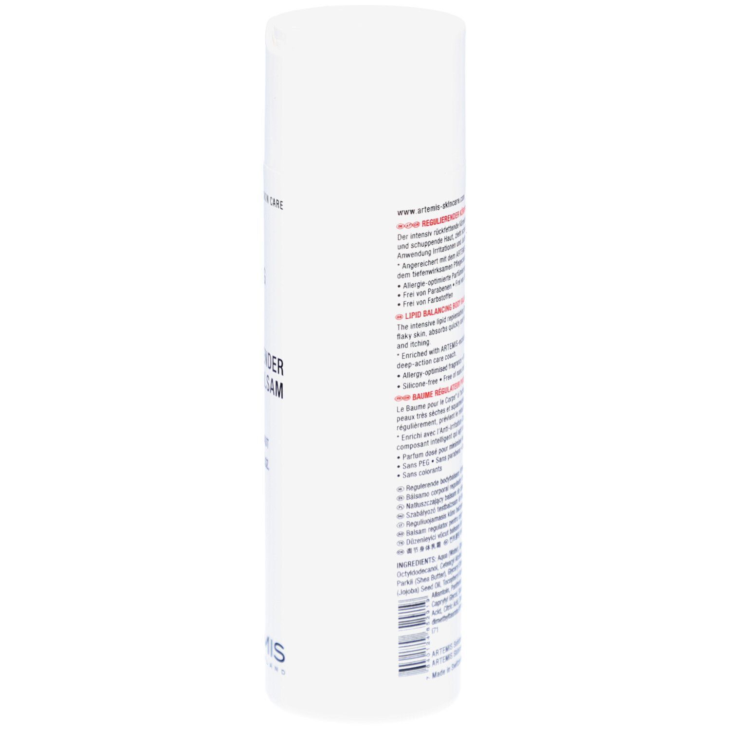 Weiße Flasche mit roter und schwarzer Schrift. Text: MED Lipid Balancing Body Balm. Schweizer Kreuz. 200ml.