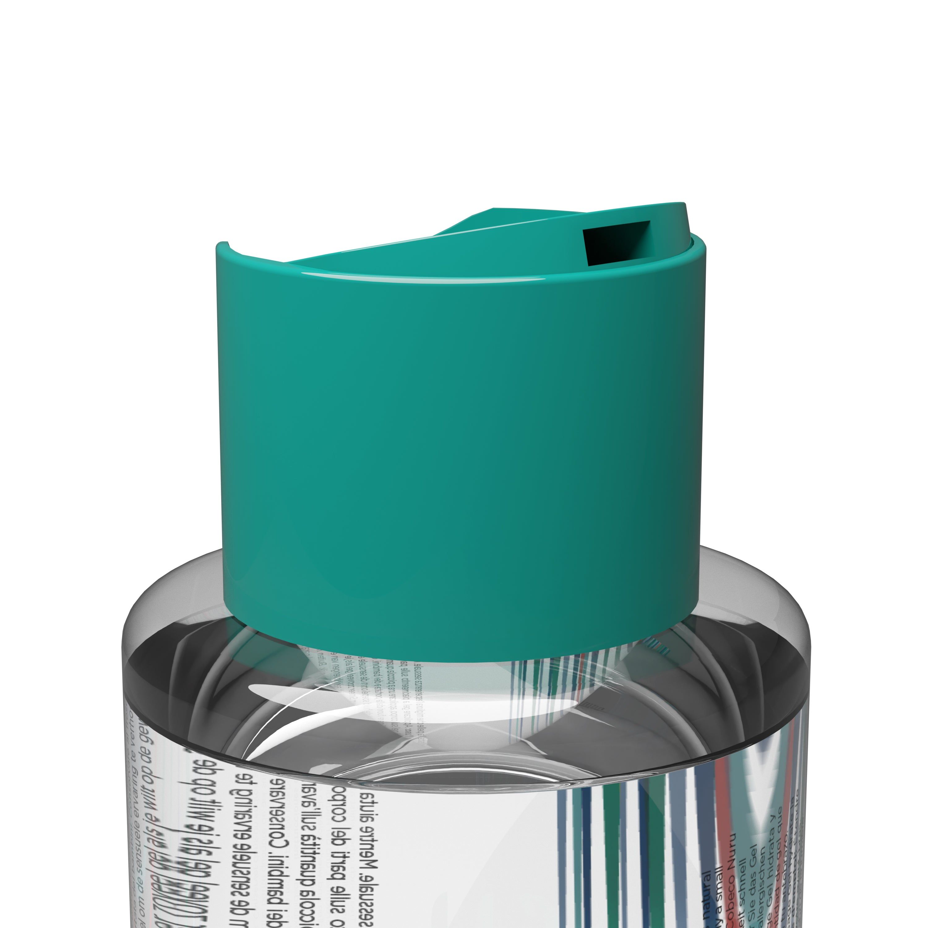 Nahaufnahme eines grünen Flaschendeckels. Der Deckel ist auf einer transparenten Flasche befestigt.