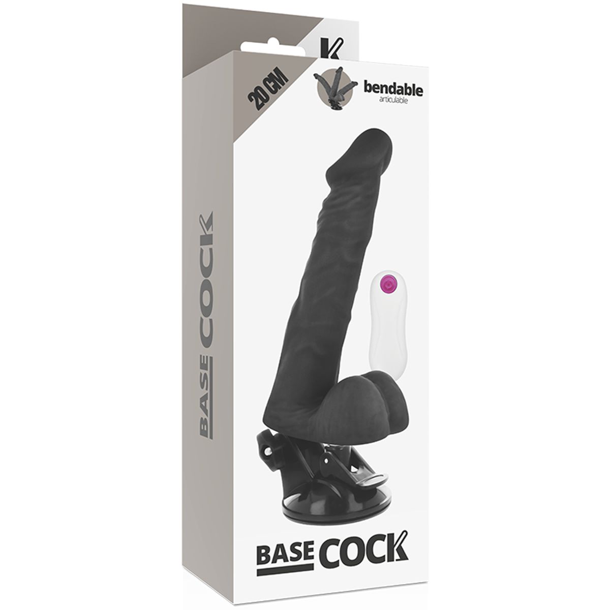 Schwarzer Dildo mit Saugnapf und Fernbedienung in Verpackung. Aufschrift: Base Cock, 20 GM, bendable.