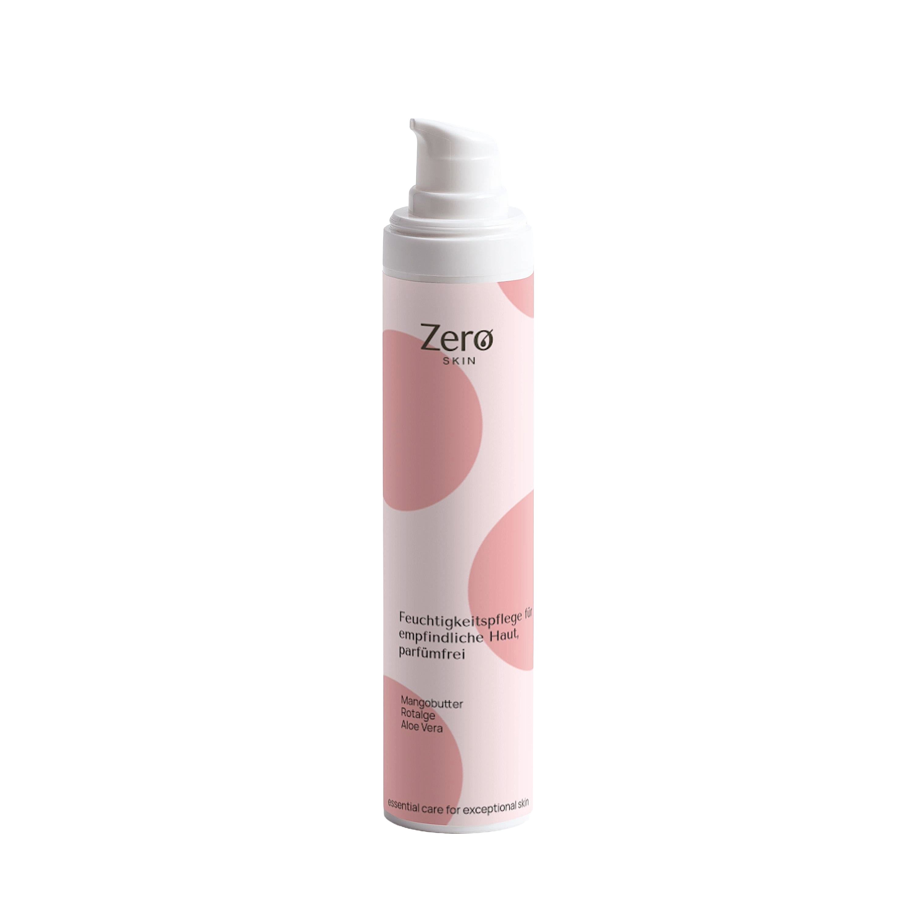 Flasche Zero Skin Feuchtigkeitspflege. Weiß mit rosa Punkten. Text: Feuchtigkeitspflege, parfümfrei.