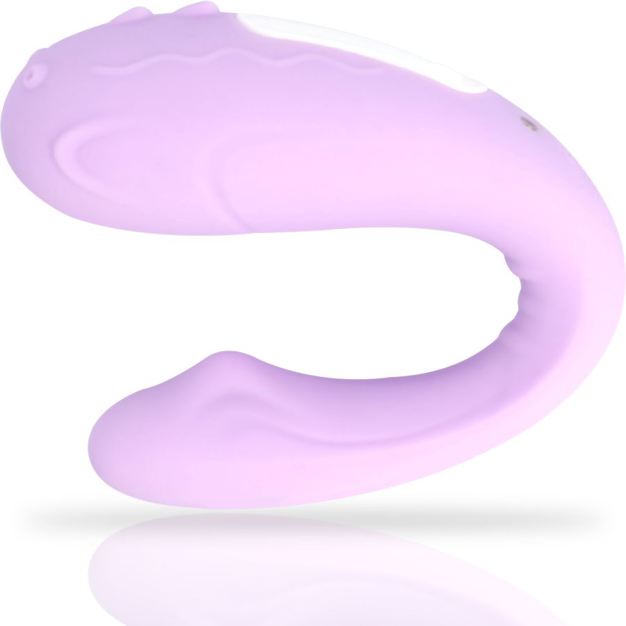 Lila Vibrator in U-Form, von der Seite gezeigt. Glatte Oberfläche mit Wellenmuster.