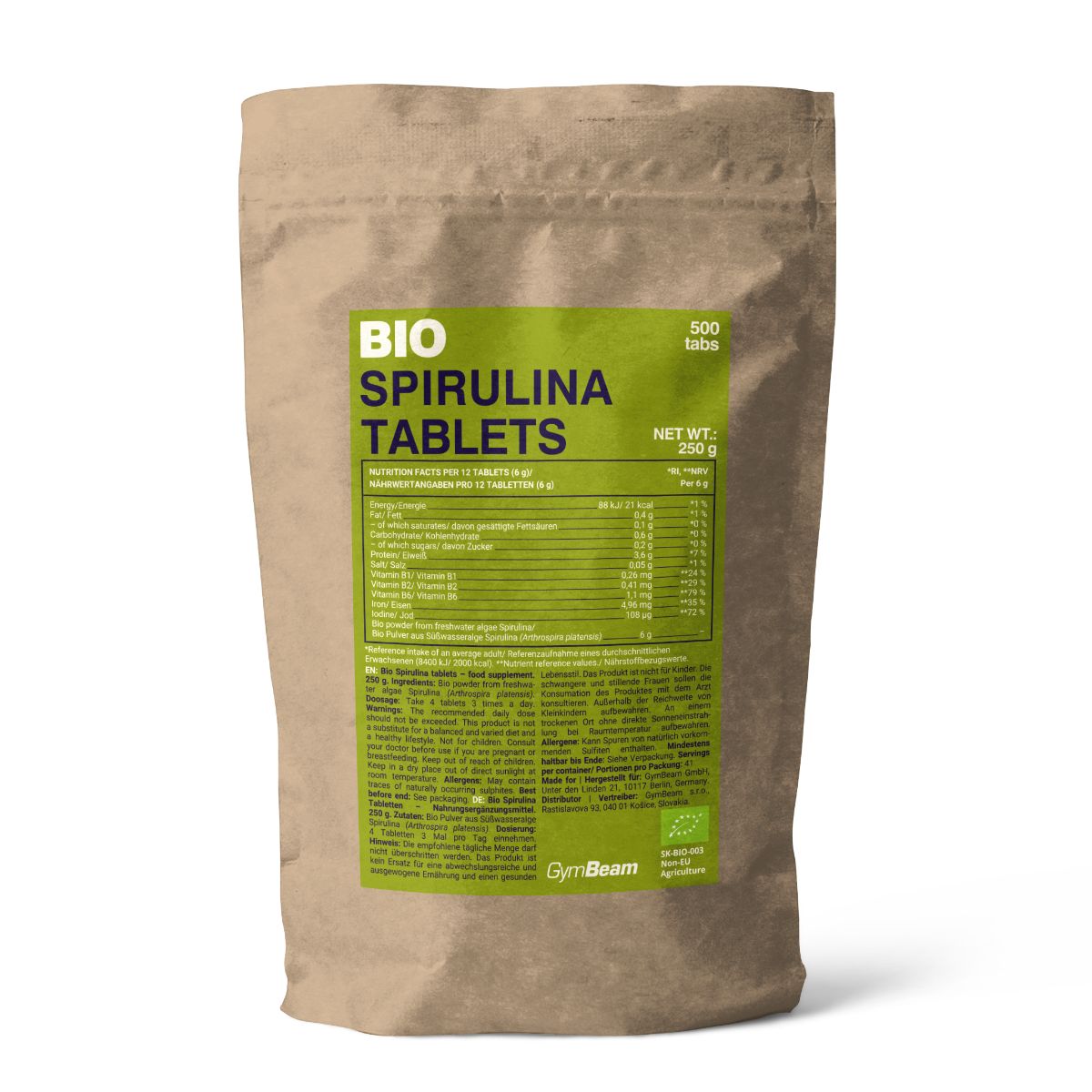 Braune Papiertüte mit BIO Spirulina Tabletten, 500 Stück, Nährwertangaben und Bio-Siegel.