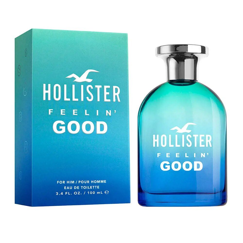 Blau-grüner Flakon und Schachtel. Aufschrift: Hollister Feelin' Good.