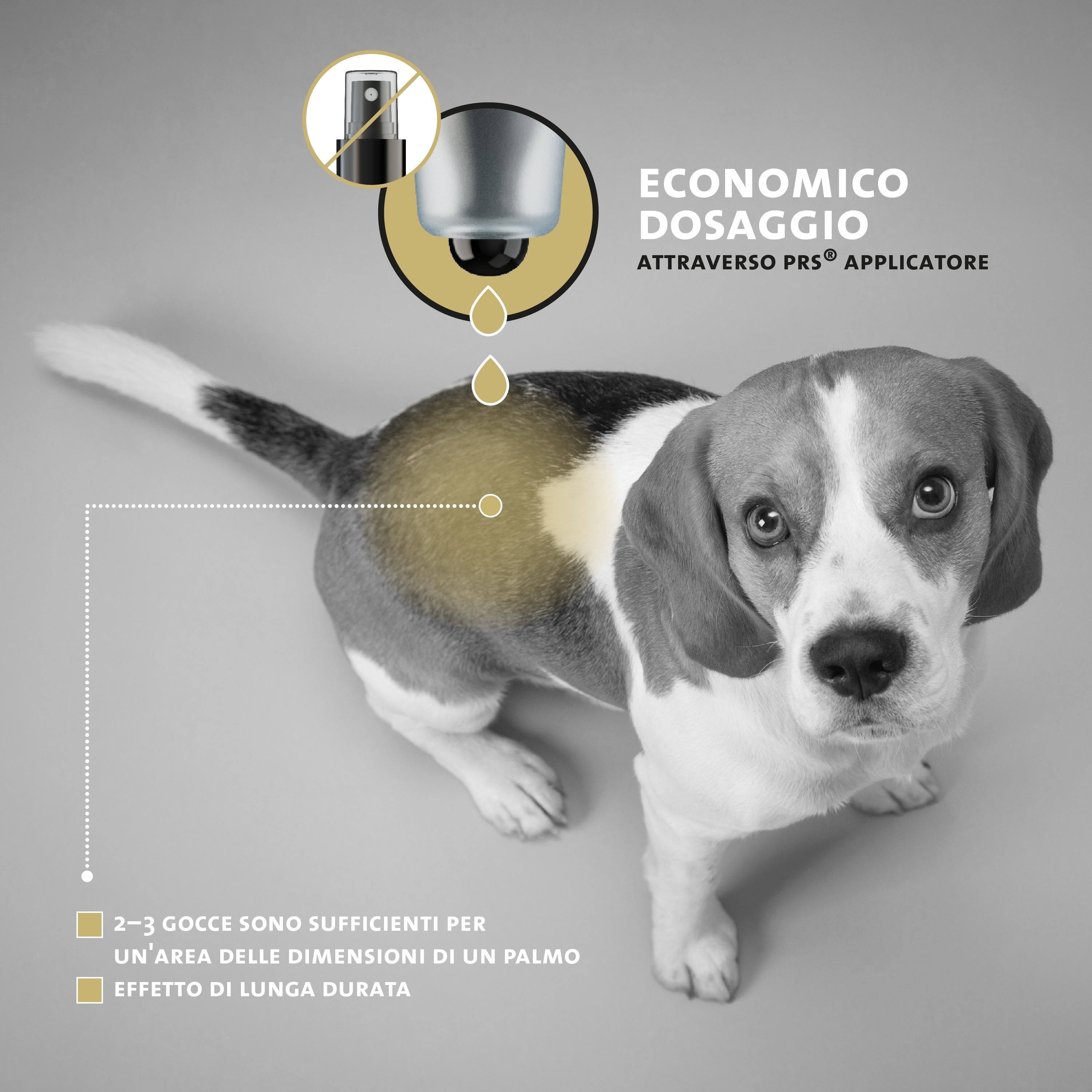 Hund mit Produktanwendung. Text: Sparsame Dosierung durch PRS-Tropfen-Applikator. 2-3 Tropfen für eine Handfläche.
