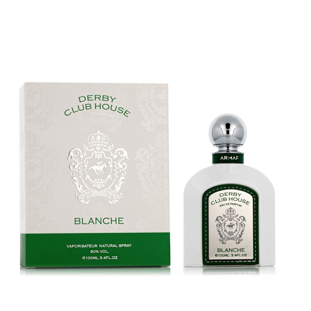 Weiße Flasche und Karton. Flasche mit silbernem Deckel, grünem Band. Aufschrift: ARMAF, BLANCHE, DERBY CLUB HOUSE.