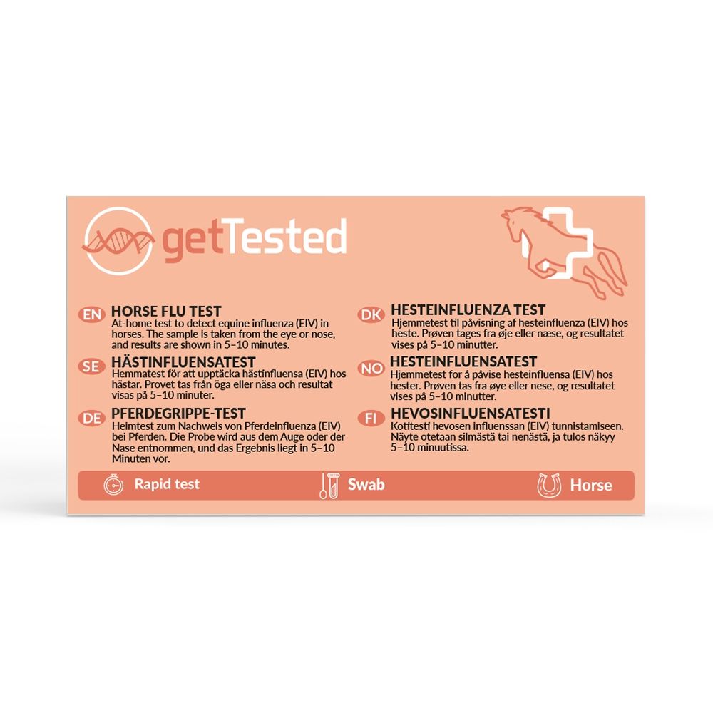 Testkit für Pferdegrippe. Enthält einen Tupfer. Ergebnisse in 5-10 Minuten. Marke: getTested. Text in mehreren Sprachen.