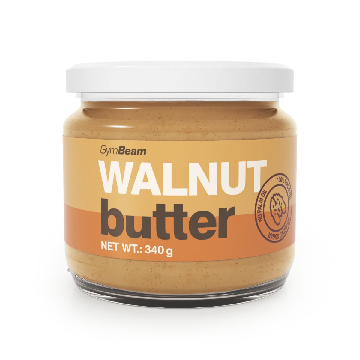 Glas mit Walnussbutter von GymBeam. Etikett zeigt "WALNUT butter" und Nettogewicht 340g.