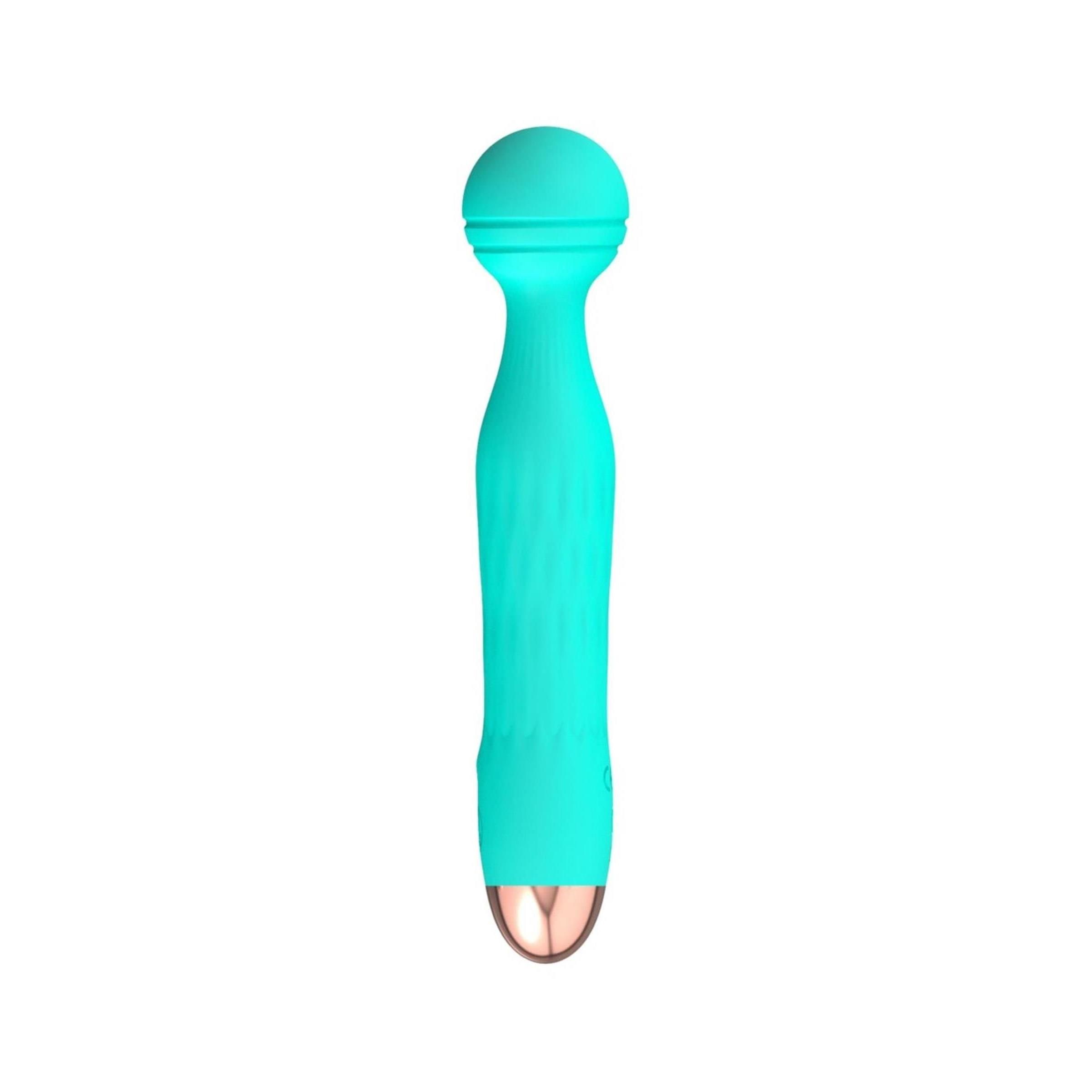 Türkisgrüner Vibrator mit abgerundetem Kopf und goldfarbener Spitze. Zwei Knöpfe und ein Logo am Schaft.