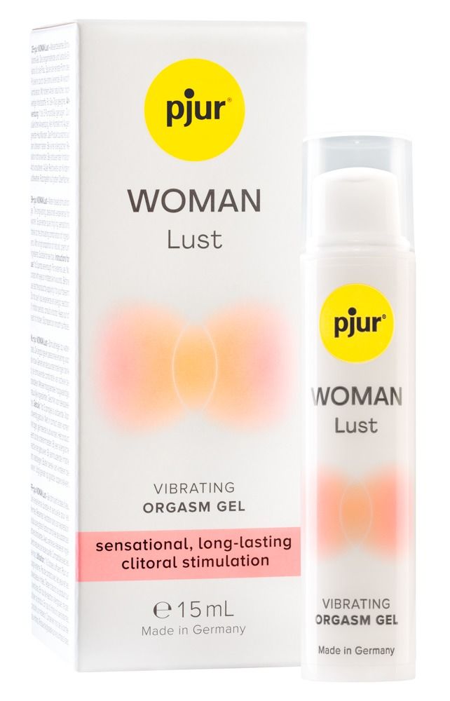 Produktverpackung und Flasche. Aufschrift: pjur WOMAN Lust, Vibrating Orgasm Gel. Rosa-orangefarbene Abbildung. 15 ml.