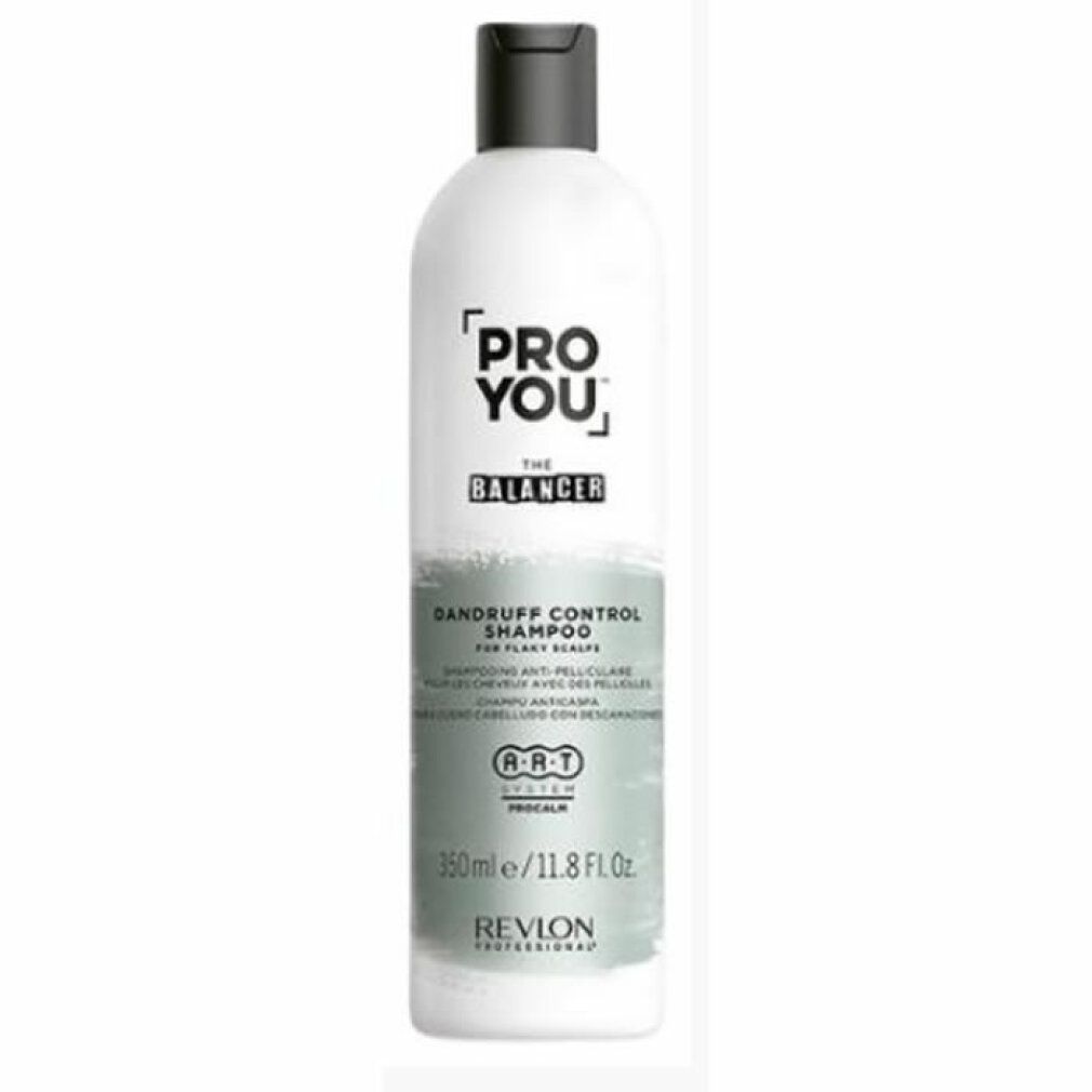 Weiße Shampoo-Flasche mit schwarzem Deckel. Aufschrift: PRO YOU The Balancer, Dandruff Control Shampoo. Revlon Professional.