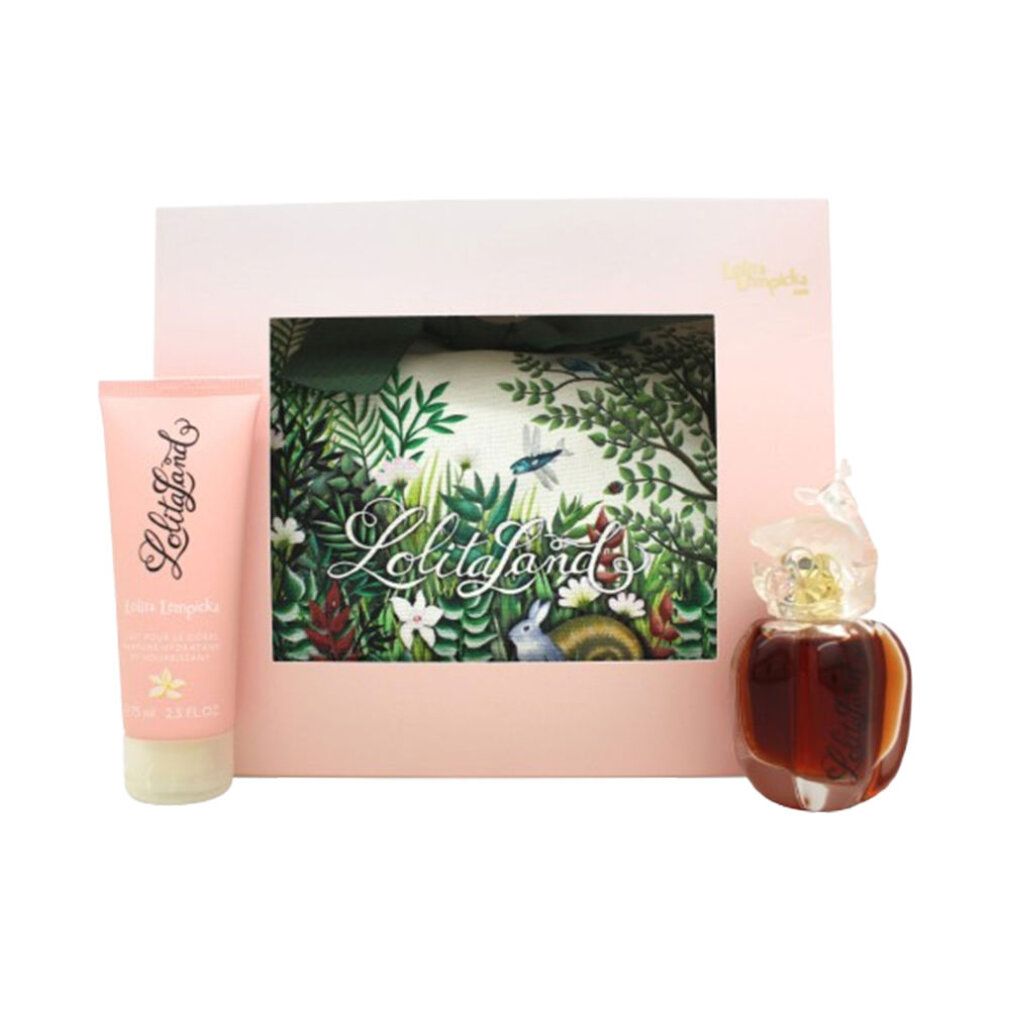Geschenkset mit Körperlotion, Parfümflakon und Schachtel. Rosa Verpackung mit Logo und floralem Design. Flakon mit floralem Verschluss.