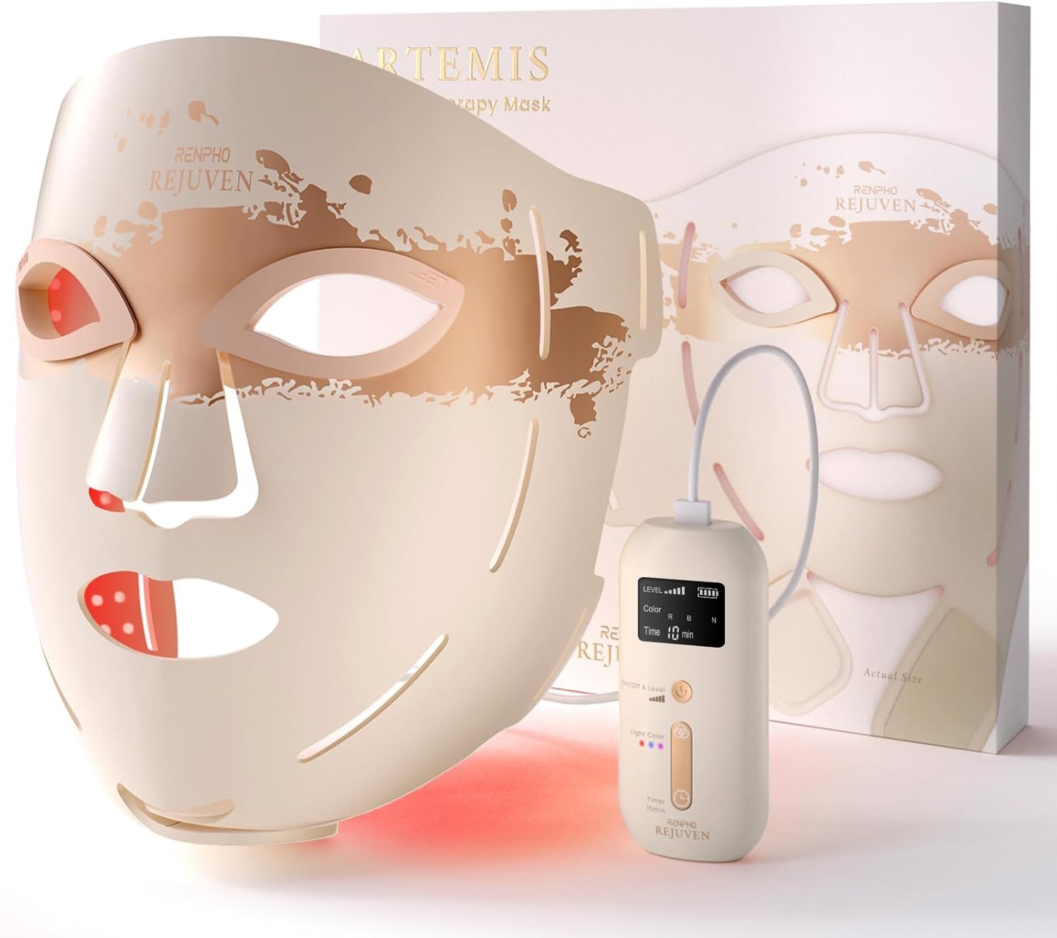 Gesichtsmaske, weißes Gehäuse, rotes Licht. Steuerung und Verpackung. Mit Kabel und Bedienfeld.